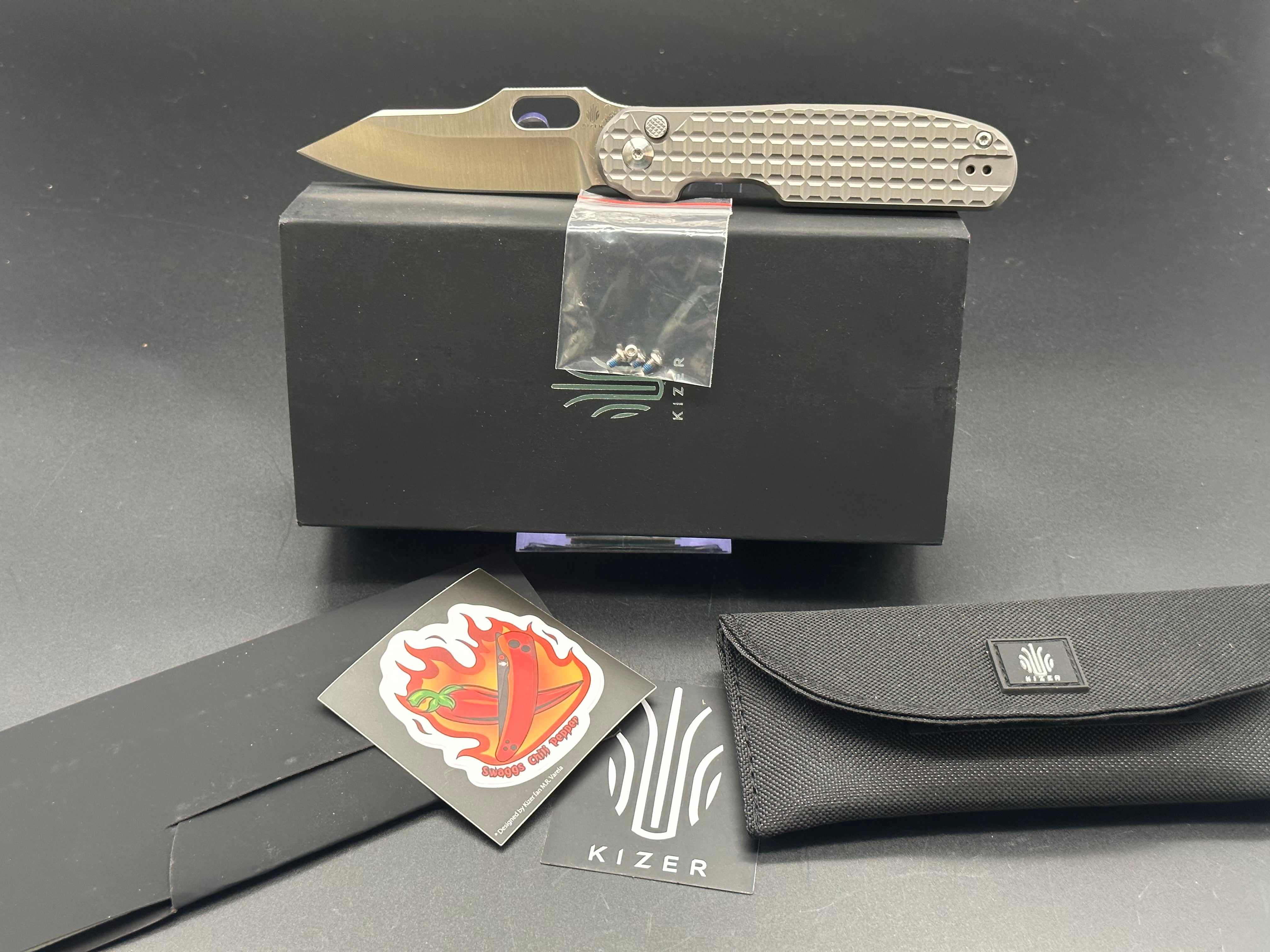 Kizer Cormorant Textured Titanium Button Lock Folding Knife - 20CV Steel Blade, EDC Pocket Knife for Outdoor, Camping, and Everyday Carry