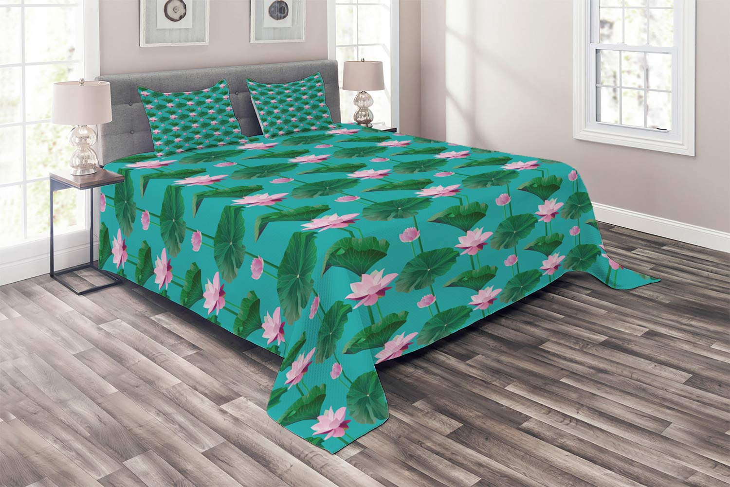 Ambesonne King Size 3-Piece Quilted Bedspread Set - Blue & Pink Lotus Flower Design with 2 Pillow Shams | Soft Decorative Coverlet for Master Bedroom, Guest Room & Dorm | Pale Green & Pink Floral Bedding