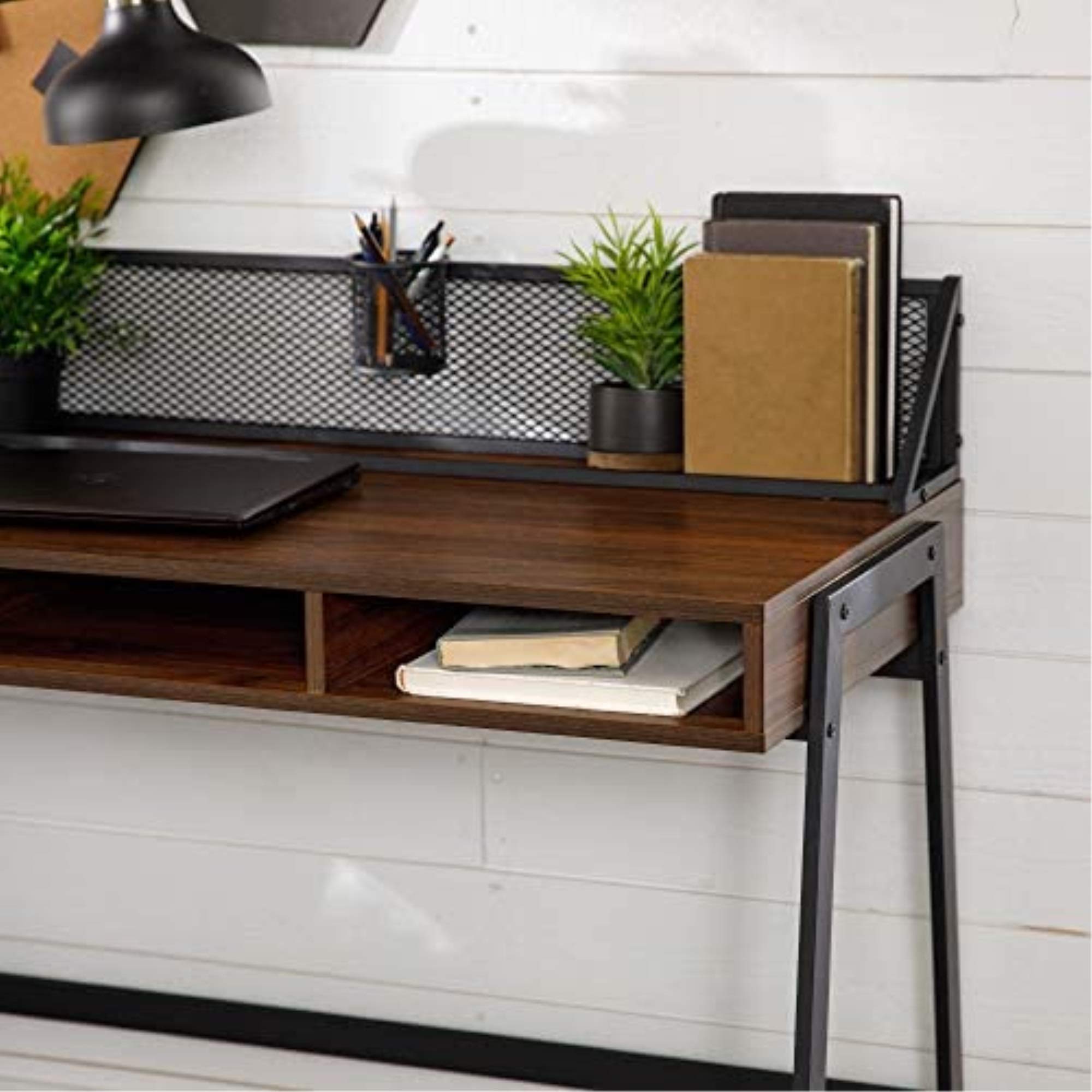 Walker Edison 42 Inch Industrial Mesh Wood Laptop Desk - Dark Walnut Home Office Workstation for Small Spaces, Compact Writing Table for Modern Living Rooms and Dorm Rooms