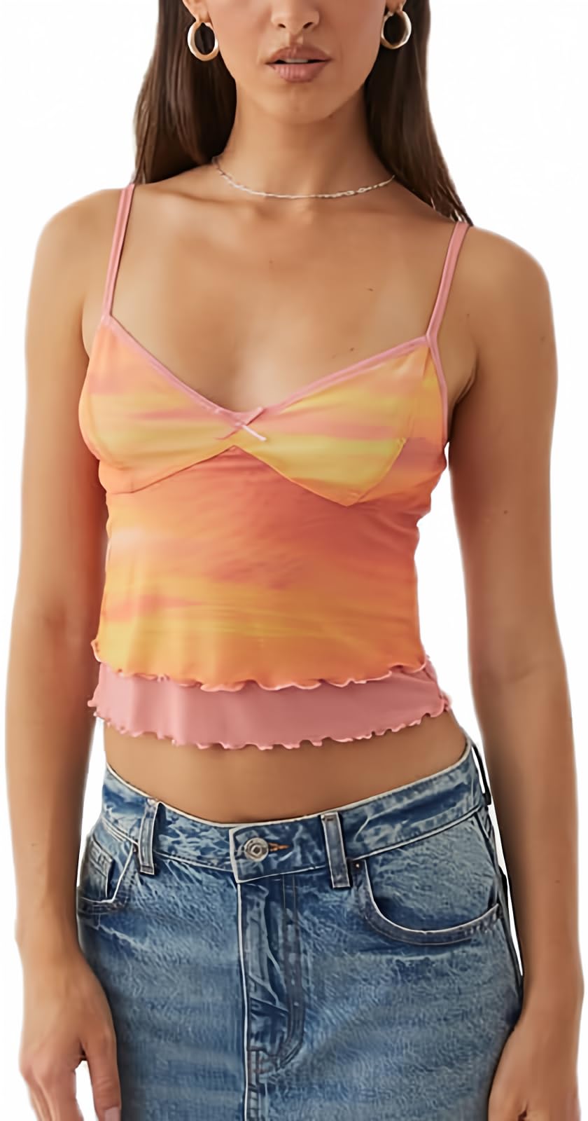 Argeousgor Women's Y2K Fashion Mesh Tank Top - Spaghetti Strap Sleeveless Square Neck Cami Top | Sexy Crop Top for Clubbing, Beach & Summer Outfits