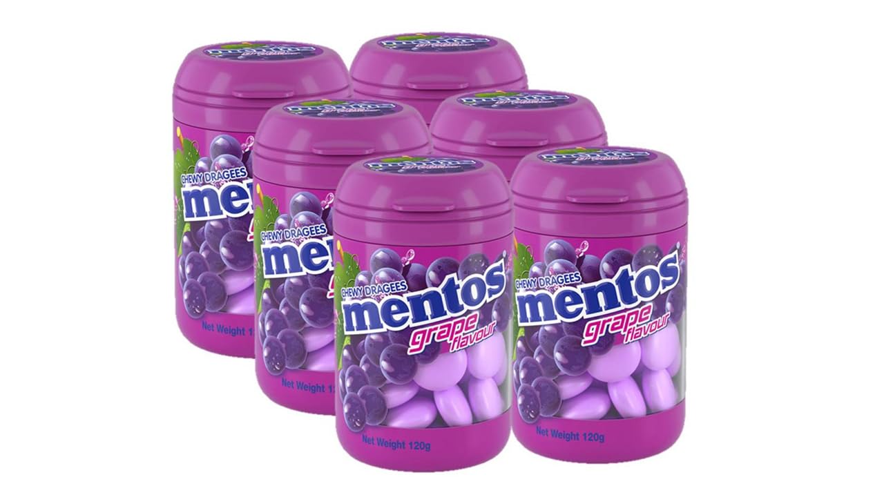 Crunchy Mint Dragees Candy - Grape Flavor, Non-Melting, 4.23oz per Bottle (Pack of 6) - Perfect for Travel, Parties, and Office Snacks
