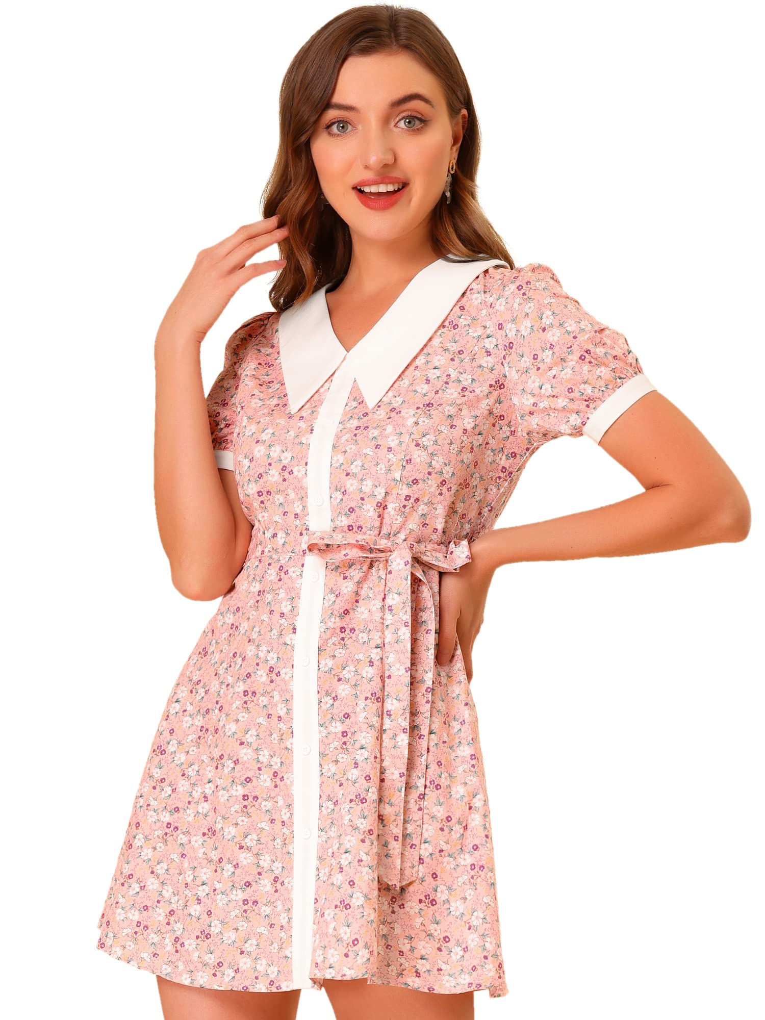 Allegra K Women's Floral Print Cotton Shirt Dress with Collar & Belted Waist | Summer Button Down Tunic Dress in Medium Pink | Perfect for Beach Vacations, Brunch Dates & Office Wear