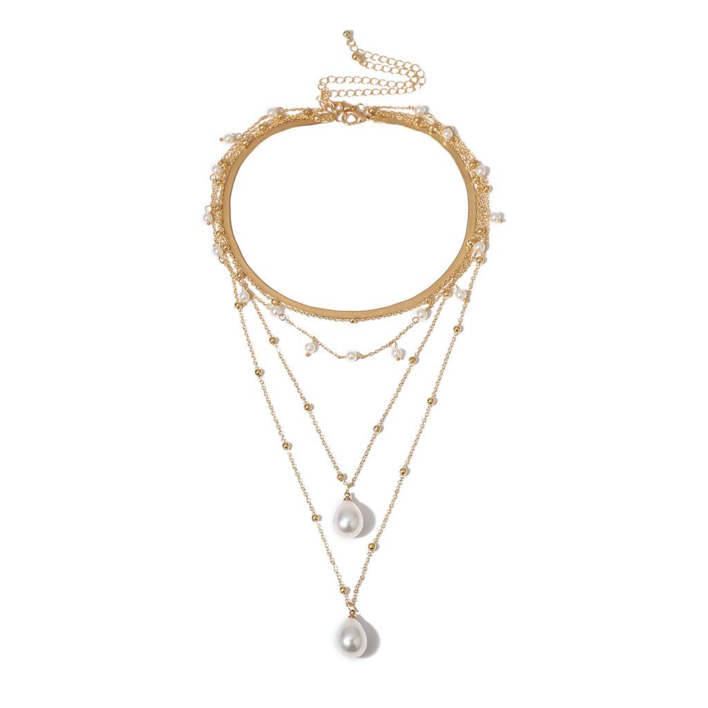 Women's Layered Pearl Necklace - White Beaded Rice Jewelry with Metal Pendant, Retro Multilayer Beads Design, Dainty Gold Necklace for Women - Perfect Gift for Her, Great for Daily Wear, Date Night & Special Occasions