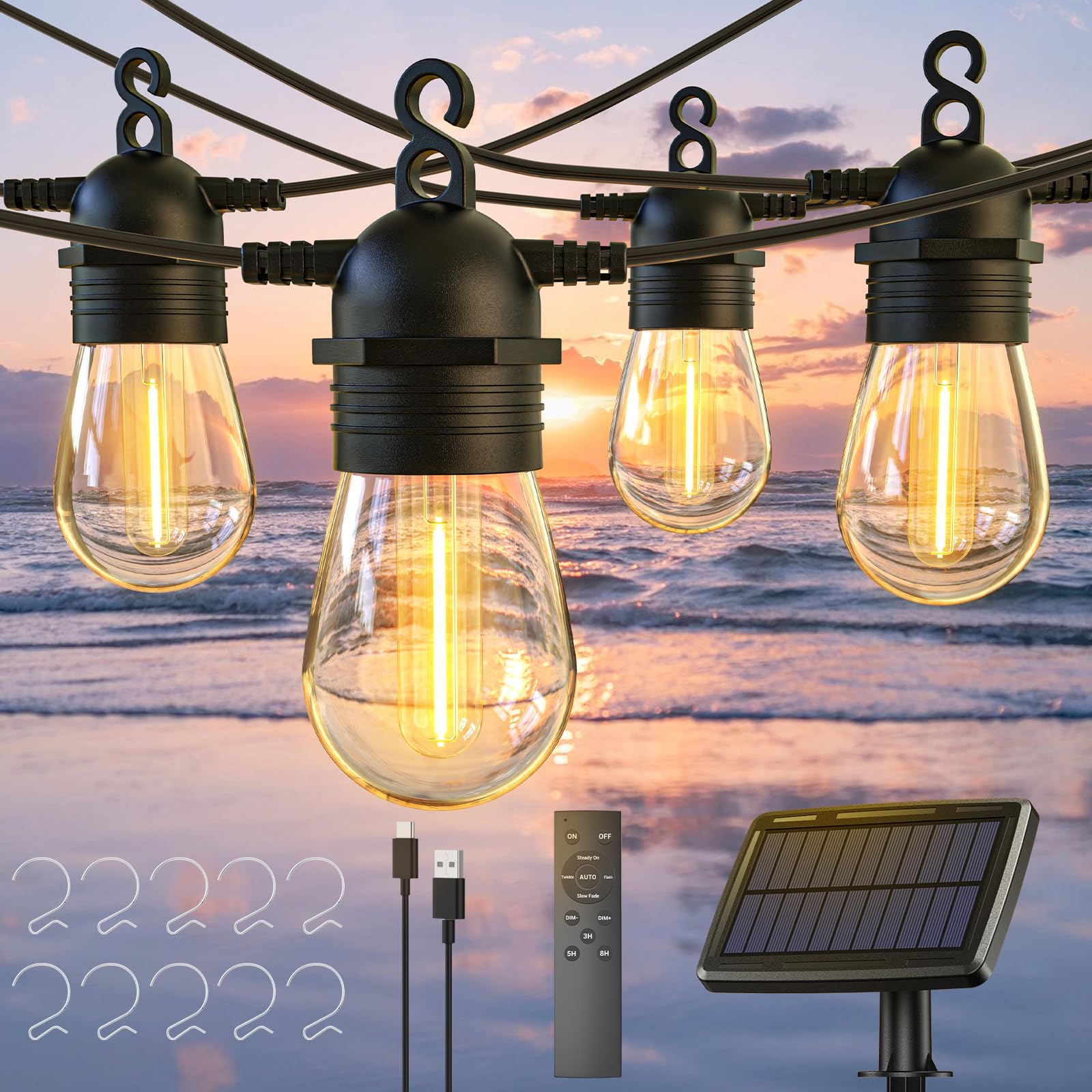 52FT Solar String Lights Outdoor with Remote - Waterproof Solar Powered Patio Lights with 15+1 Bulbs, Type-C Charging, 4 Light Modes & Dimming Function - Perfect for Backyard, Balcony, Bistro, Garden, and Wedding Decor (Warm White)