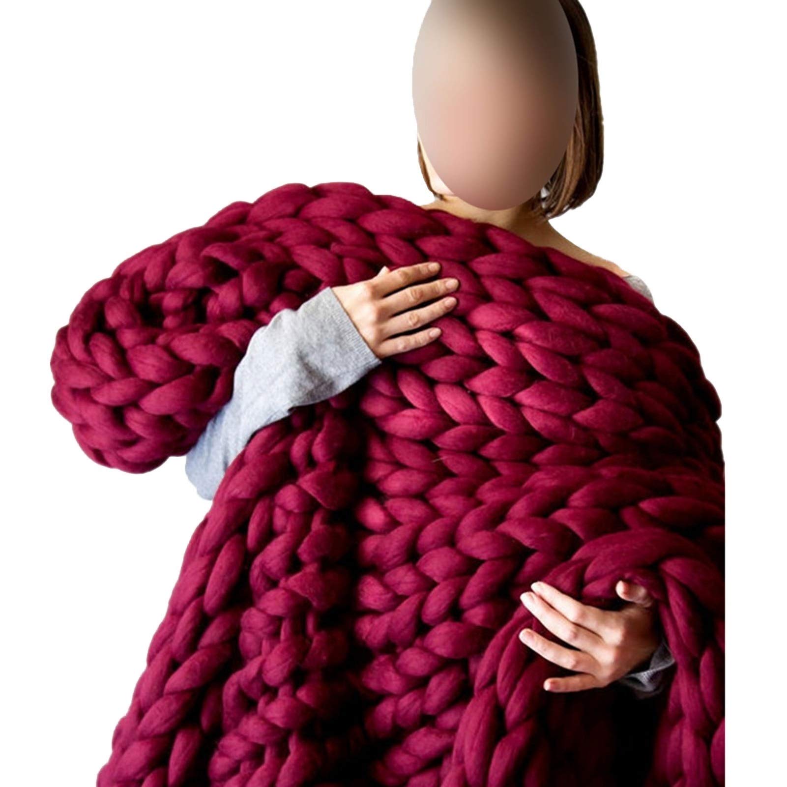 Chunky Knit Throw Blanket - 100% Merino Wool Super Soft & Cozy - 59x79 Inch Oversized Blanket for Bed, Sofa & Living Room - Perfect Home Decor Gift (Wine Red) | Great for Winter Nights, Movie Time & Cozy Home Atmosphere