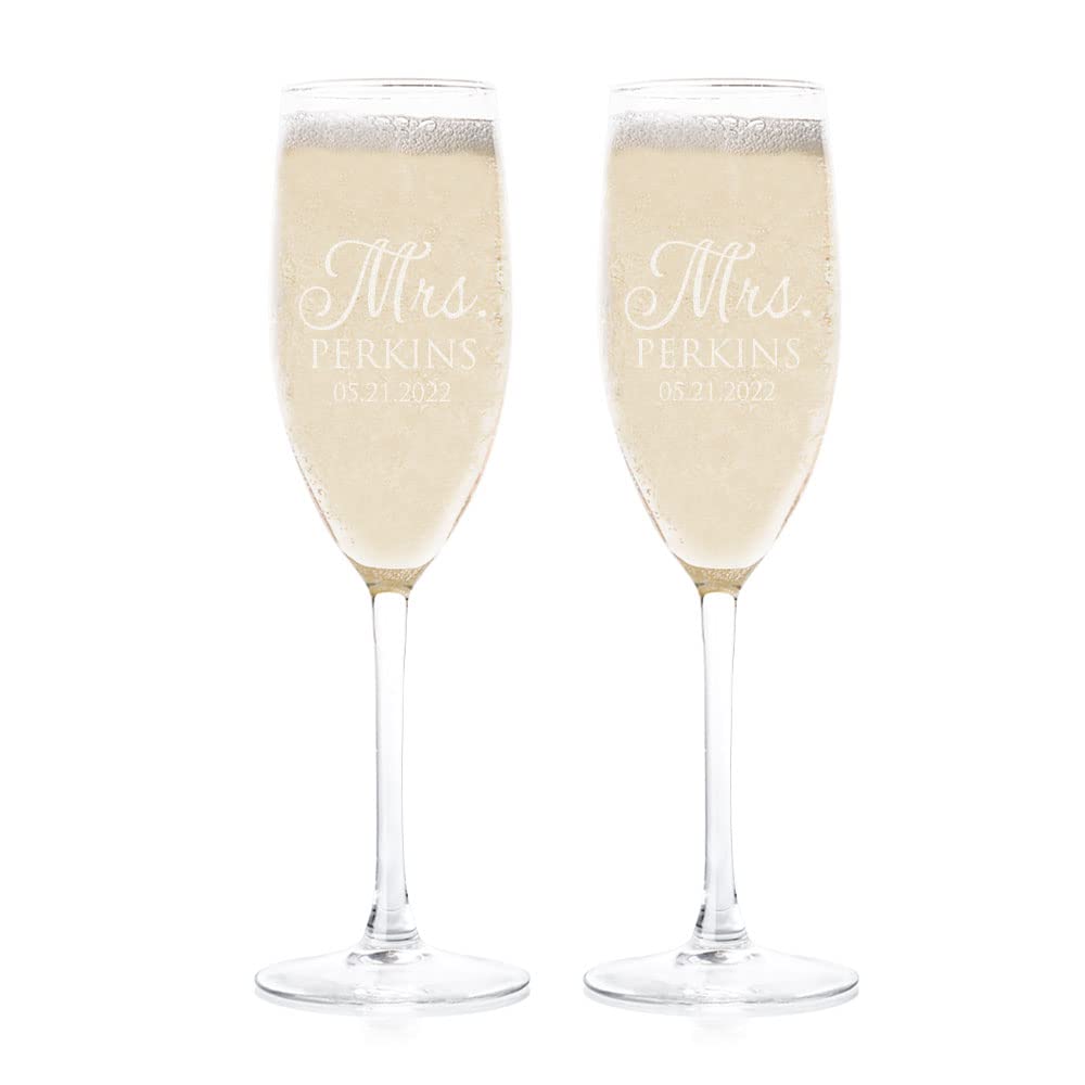 Personalized Mrs. & Mrs. Champagne Flutes Set of 2 - 8oz Engraved LGBTQ Wedding Glasses, Dishwasher Safe Stemware for Lesbian Couples, Same-Sex Weddings & Newlyweds - Perfect for Anniversaries, Bridal Showers & Romantic Celebrations