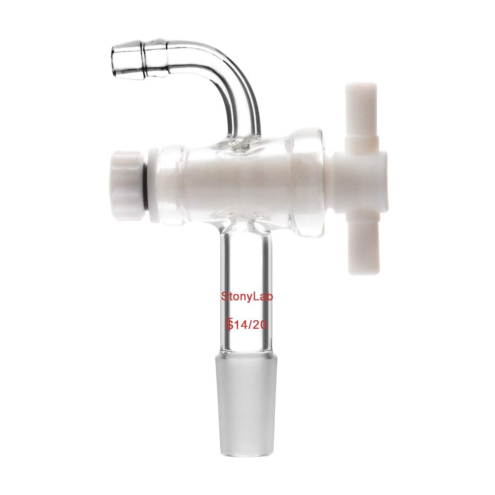 StonyLab PTFE Vacuum Flow Control Adapter with 14/20 Joint & Bent Hose Connector - Laboratory Glassware Accessory for Chemistry Experiments & Distillation Setups