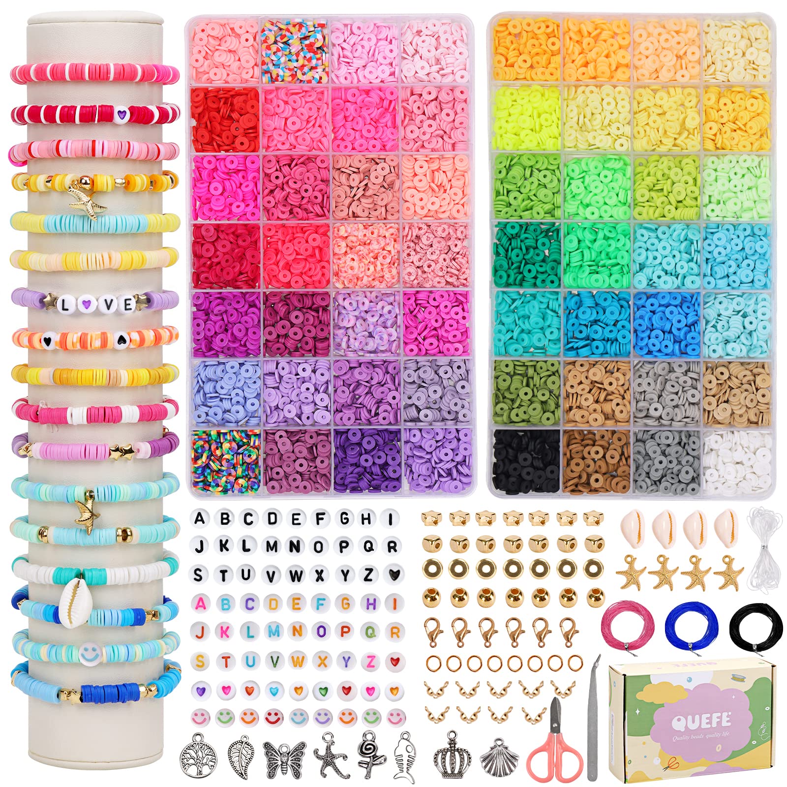QUEFE 7580pcs 56 Colors Polymer Clay Beads Bracelet Making Kit with Letter Beads & Charms - DIY Jewelry Craft Kit for Kids, Teens & Adults - Perfect for Birthday Gifts, Party Favors & Creative Projects