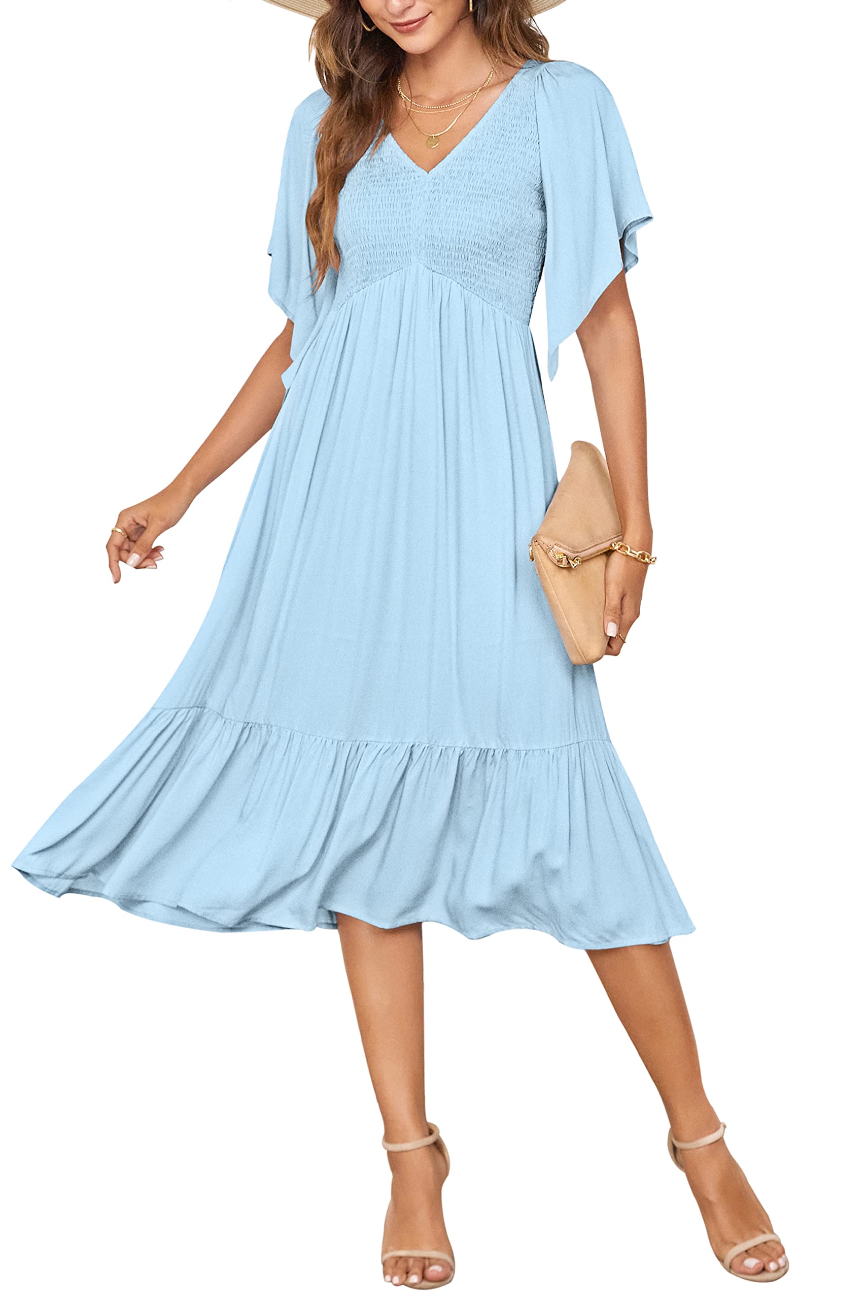 PYGFEMR Women's Summer Floral Print Empire Waist Dress - Smocked Flutter Short Sleeve V-Neck Midi Dress for Beach, Vacation & Casual Outings