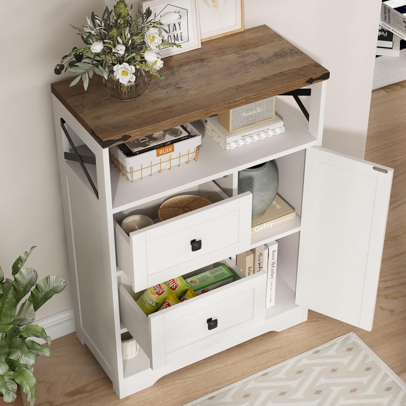 White Farmhouse Storage Cabinet with 2 Drawers & Open Shelves - Freestanding Organizer for Living Room, Bathroom, Kitchen & Laundry - Perfect for Home Decor, Storage Solutions & Small Space Organization