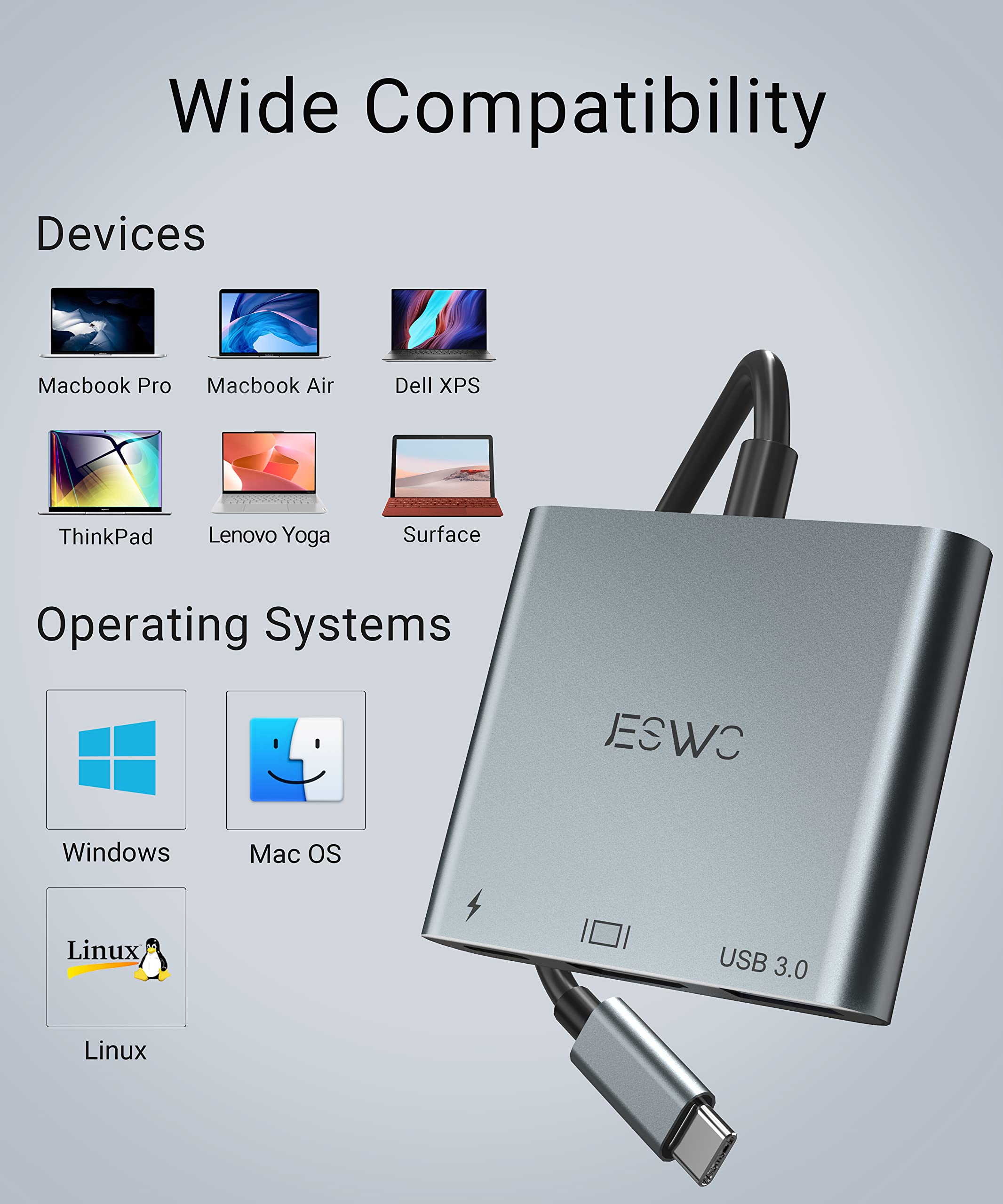 JESWO USB C to HDMI Adapter 4K - 3-in-1 USB C Hub with HDMI, USB 3.0 Port & 100W PD Charging - Compatible with MacBook Pro/Air, iMac, Mini - Perfect for Home Office, Presentations & Multi-Screen Setup