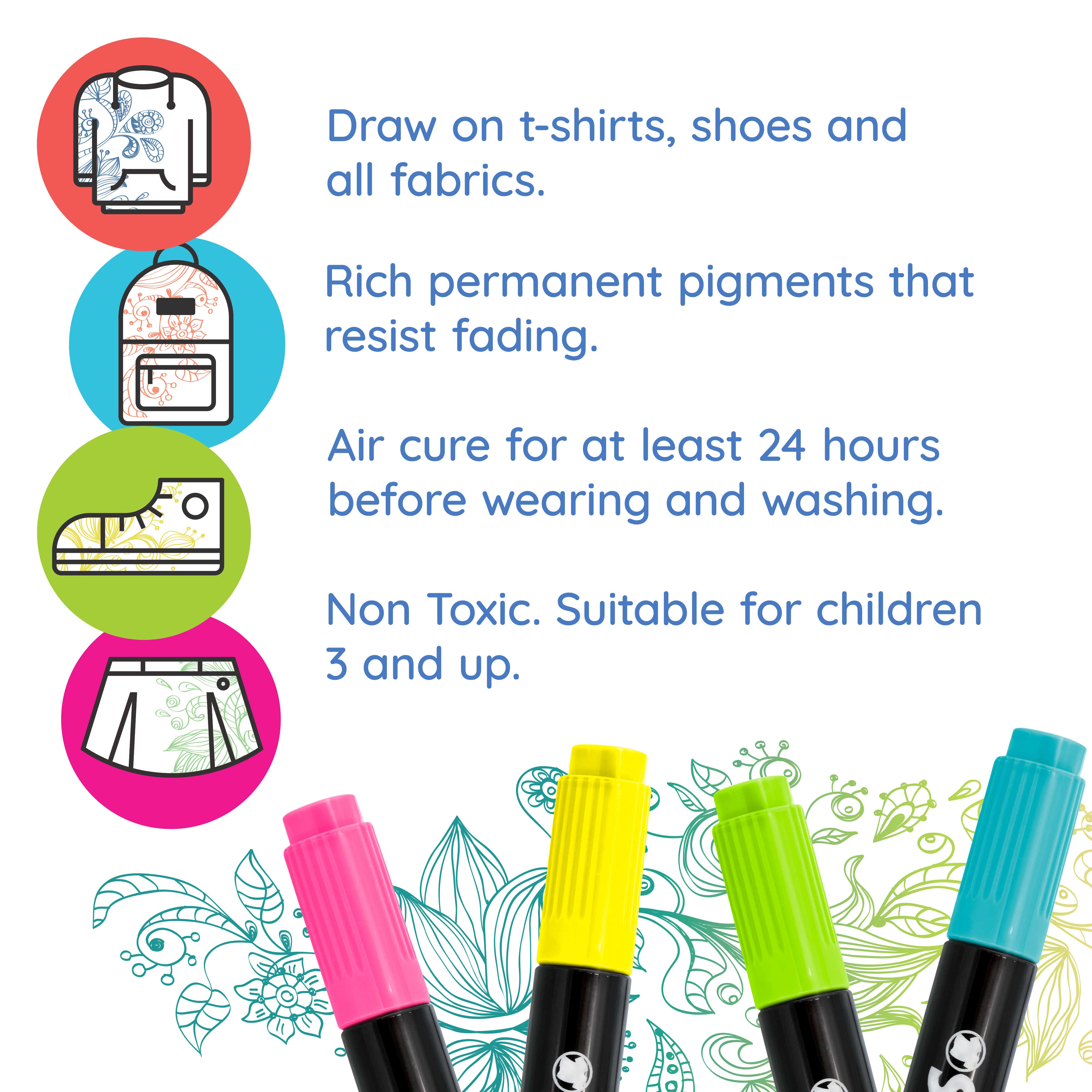 20 Unique Neon Colors Dual Tip Fabric & T-Shirt Markers Set - Chisel & Fine Point Tips for DIY Crafts, Clothing Customization & Art Projects