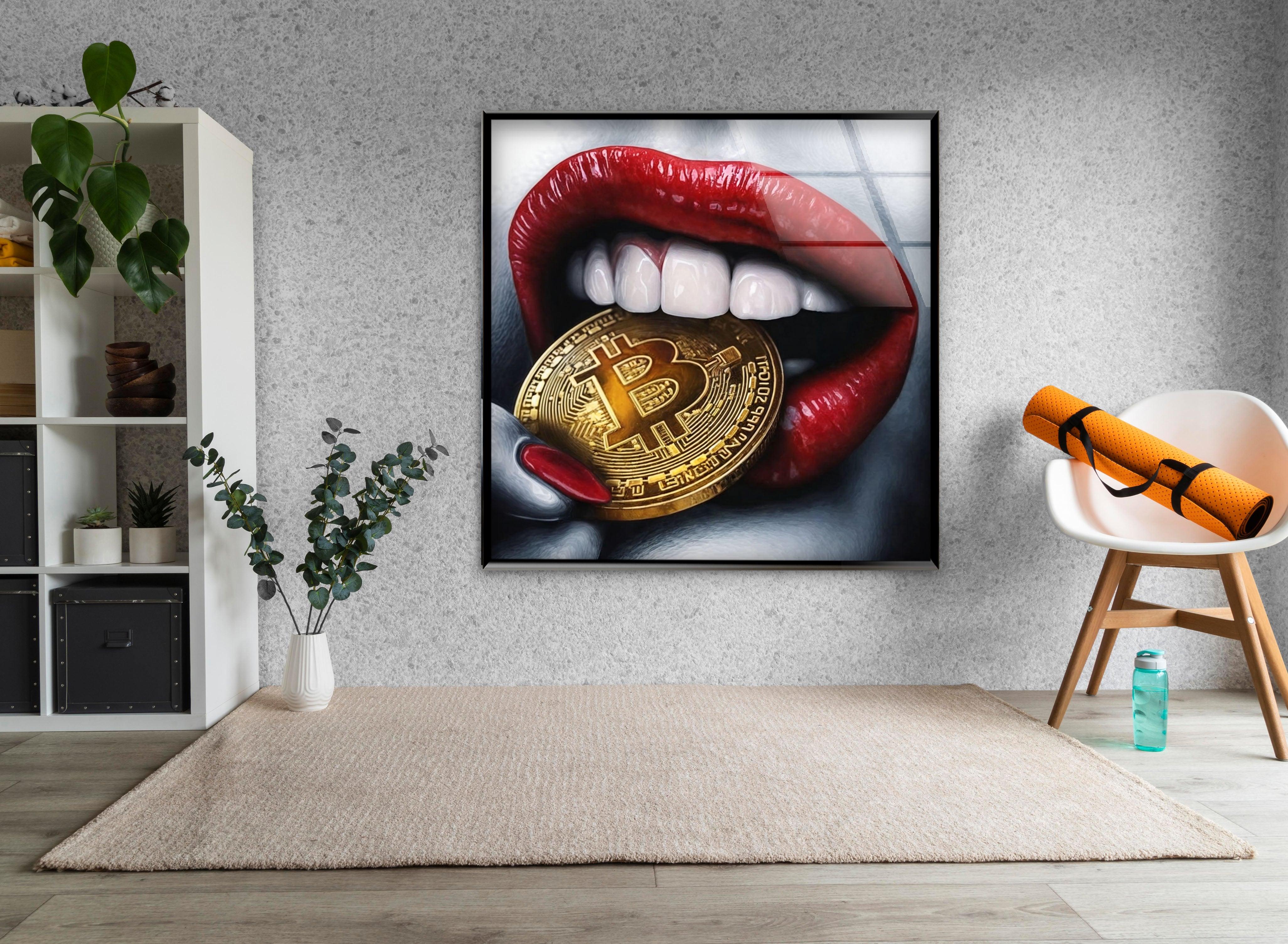 Bitcoin & Red Lips Glass Wall Art - Modern Crypto Themed Home Decor for Living Room, Bedroom or Office - Unique Gift Idea for Bitcoin Enthusiasts