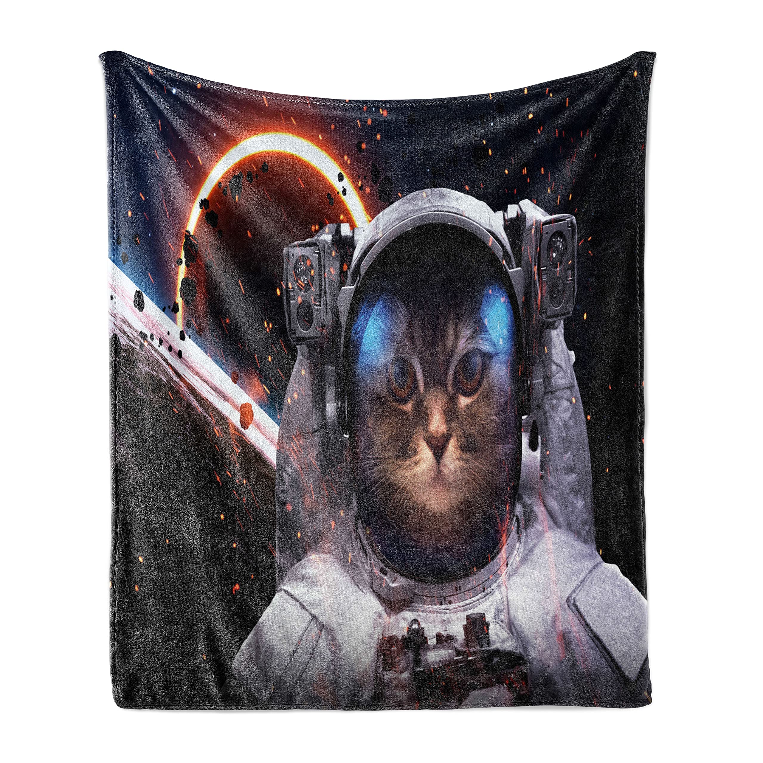 Ambesonne Space Cat Throw Blanket - Astronaut & Comet Galaxy Design | Soft Flannel Fleece Couch Cover (50x60 Inches) for Living Room, Bedroom Decor | Dark Blue & White Cosmic Print Blanket for Adults & Teens
