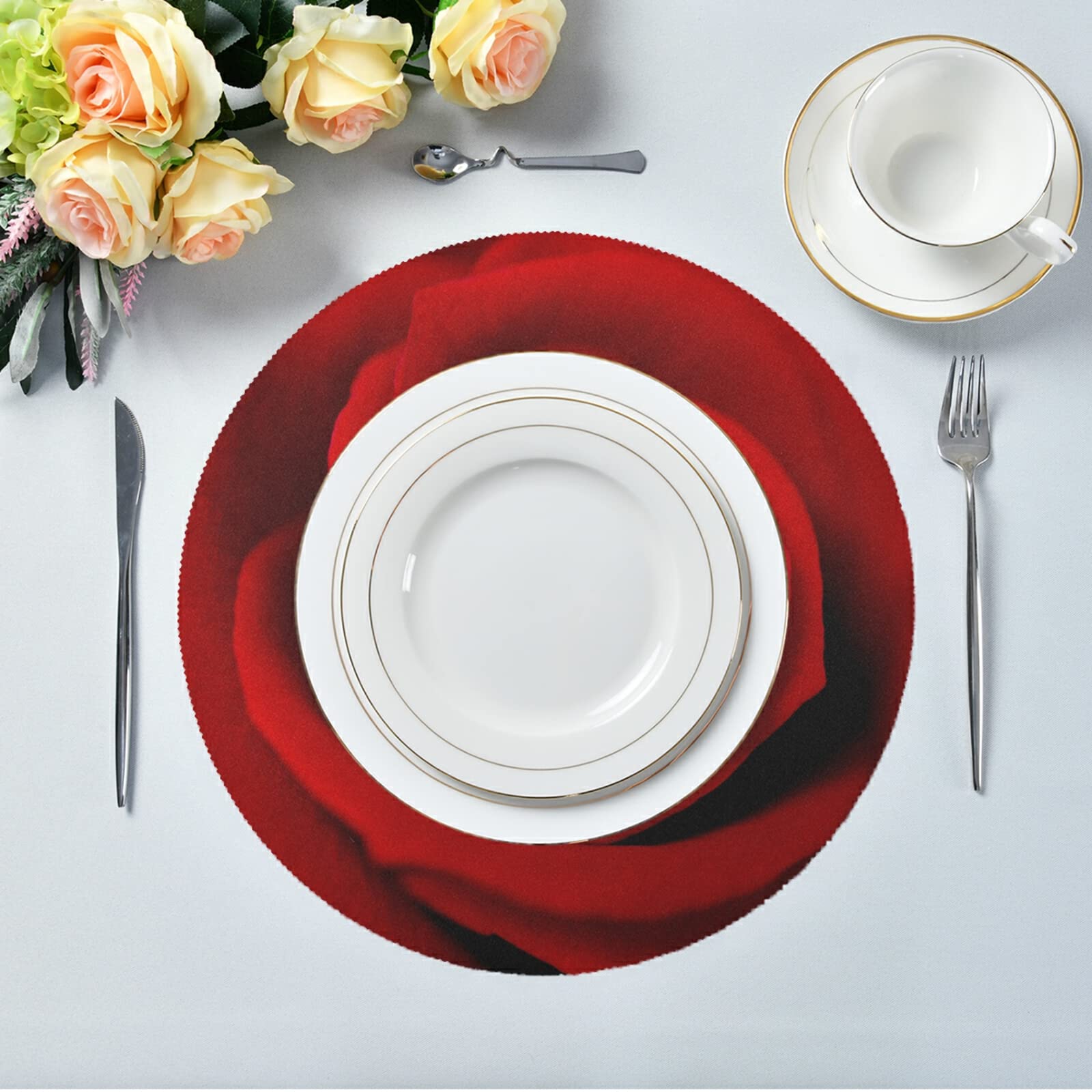Valentine's Day Rose Floral Red Round Placemats Set of 6 - Washable Kitchen Table Mats for Dining, Romantic Dinner, Holiday Decor & Home Decor
