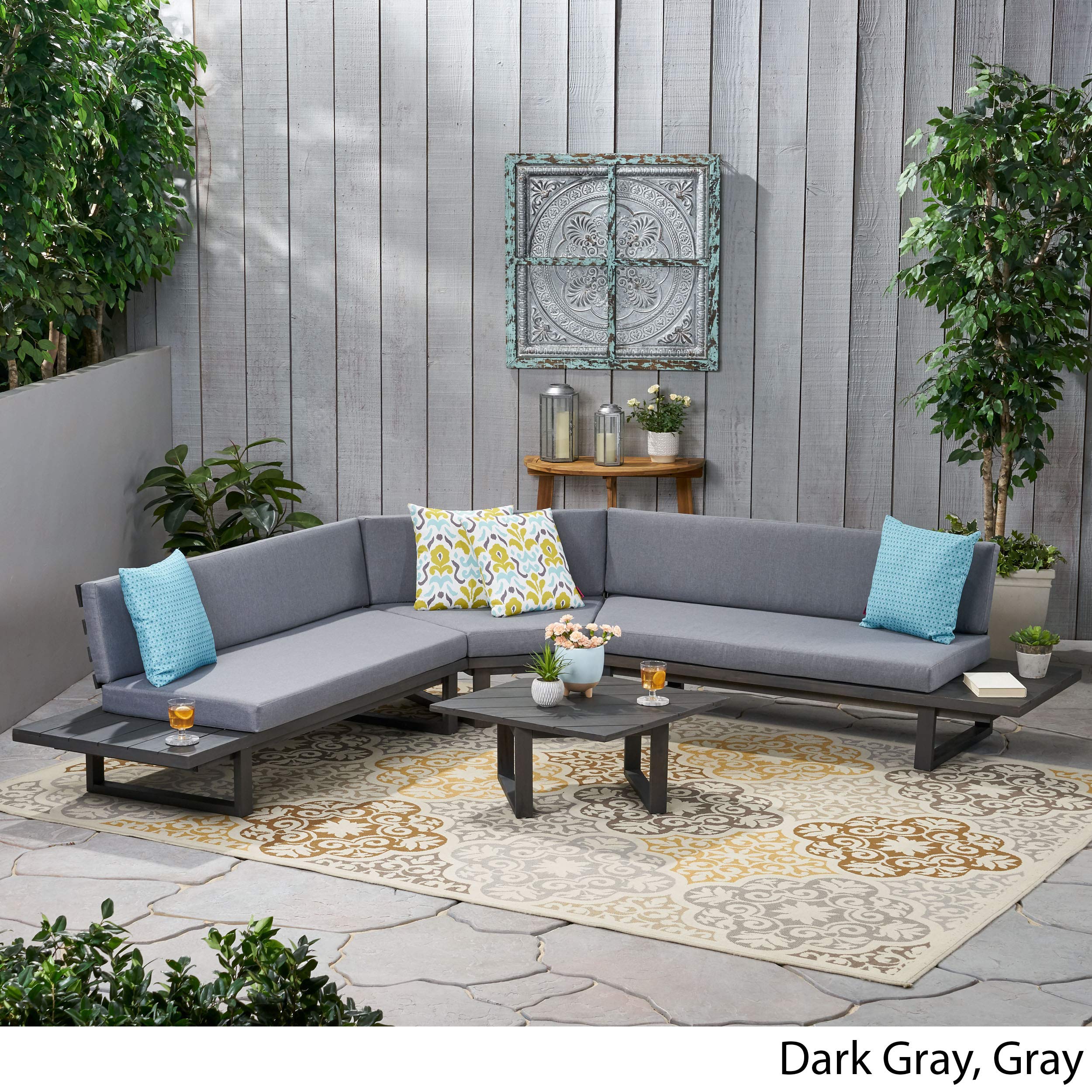 Premium 5-Piece Outdoor Acacia Wood Sectional Sofa Set with Water-Resistant Cushions - Dark Gray & Gray Patio Furniture for Backyard, Poolside & Garden Relaxation | Durable Weatherproof Outdoor Seating