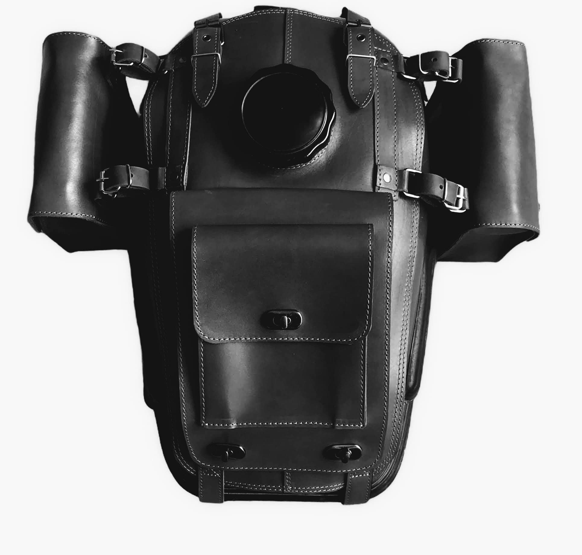 Genuine Leather URAL Fuel Tank Gas Bags with Storage Hole, 1 Pocket & 2 Detachable Side Bags - Black | Motorcycle Accessories for Storage & Travel