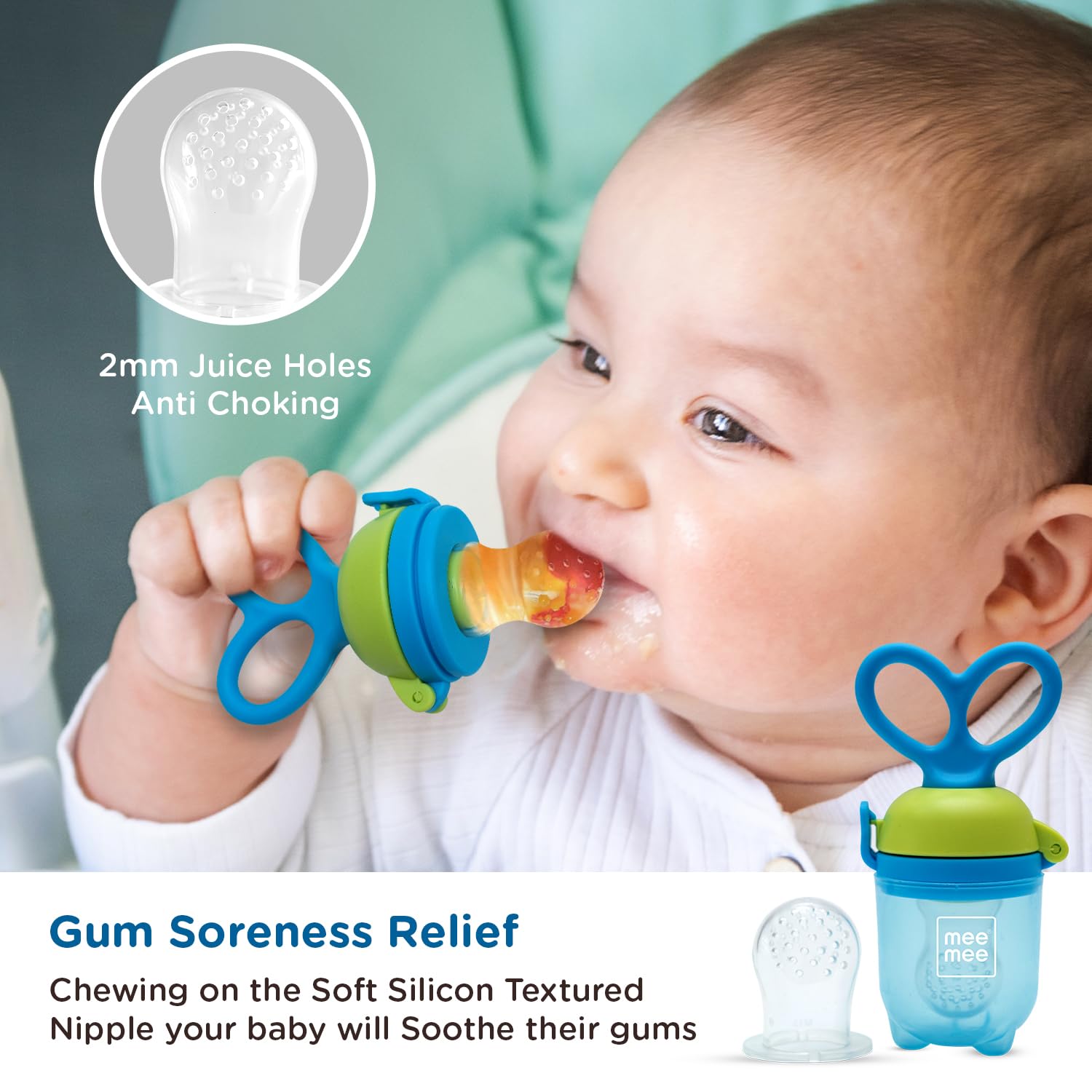 Mee Mee Advanced Baby Fruit & Food Feeder - BPA-Free Silicone Teether for Infants 6-12 Months | Safe Self-Feeding Training Tool with Easy-Grip Handle | Perfect for Introducing Solids, Soothing Teething Pain & On-the-Go Feeding (Blue)