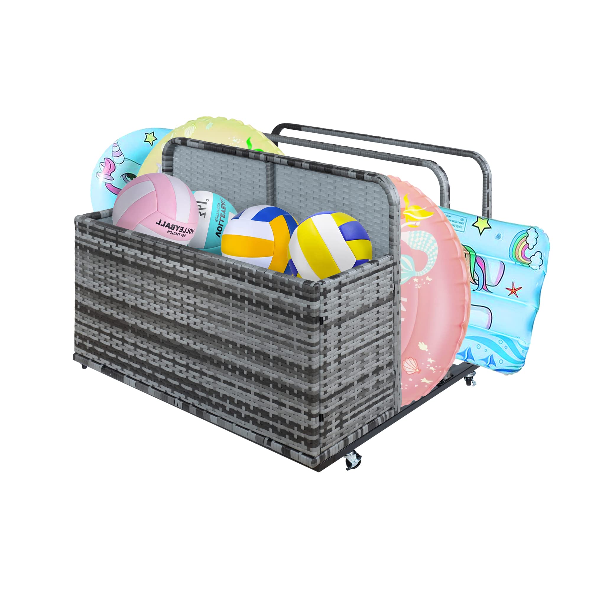 Outdoor PE Rattan Rolling Pool Float Caddy with Storage Basket - Wicker Patio Organizer for Pool Toys, Inflatable Floats & Accessories - Perfect for Poolside, Backyard, Garden & Patio Use (Gradual Grey)