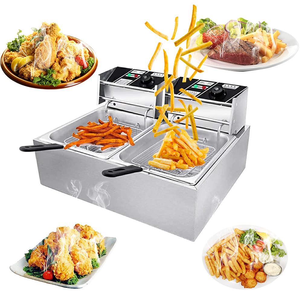 Commercial Electric Deep Fryer - Stainless Steel Kitchen Fryer Machine with Basket & Lid for Turkey, French Fries, Donuts (2 Tanks) - Perfect for Restaurants, Food Trucks & Home Cooking