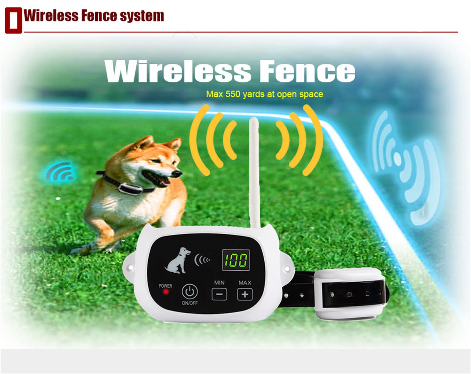 Wireless Dog Fence System - Electric Pet Containment with Waterproof Rechargeable Training Collar | Safe & Effective Vibrate/Shock Modes | Adjustable Control Range Up to 1064 Feet | Ideal for Backyard, Farm & Large Property Pet Safety