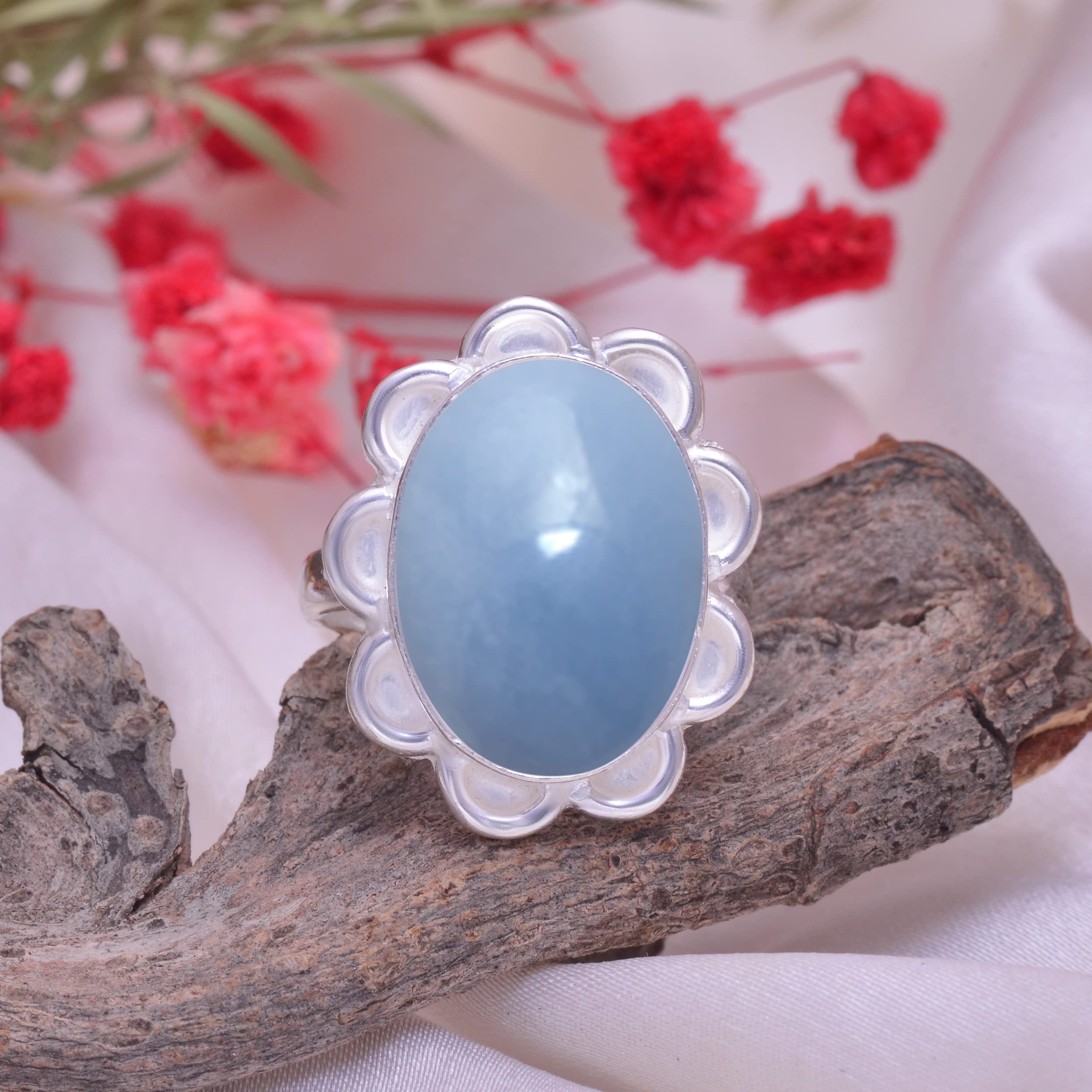 Veracity Jewelry Angelite Rings for Women - 925 Sterling Silver Handmade Rings with Natural Blue Angelite Gemstone - Elegant Designer Jewelry Gift for Her - Perfect for Weddings, Anniversaries & Special Occasions