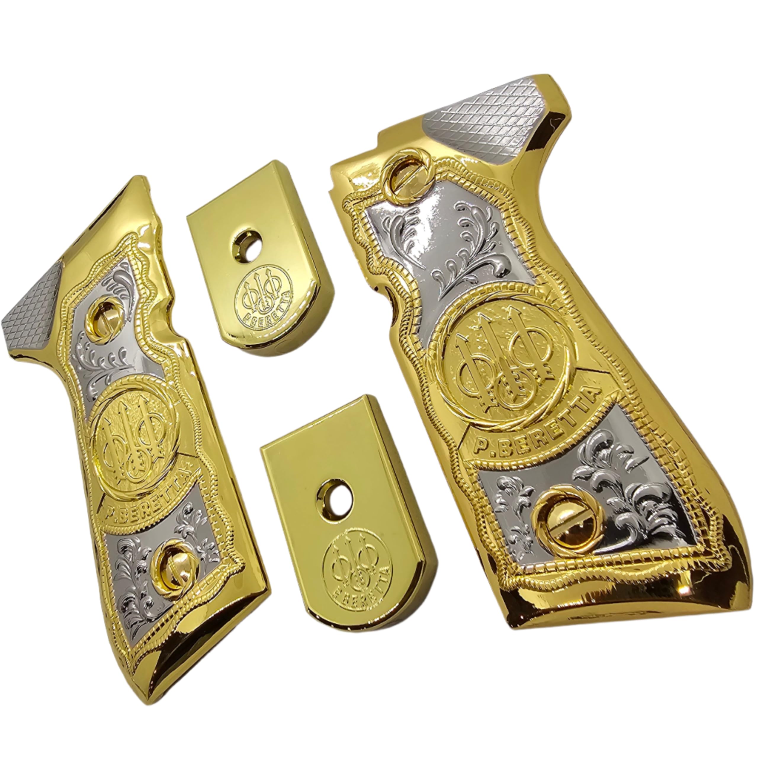 Premium Beretta 92/96 Combo Grips & Magazine Floor Plates - Nickel/Gold-Plated for 92F, 92FS, M9 & 96 Models | Enhanced Grip & Magazine Base | Perfect for Target Shooting, Competition & Concealed Carry