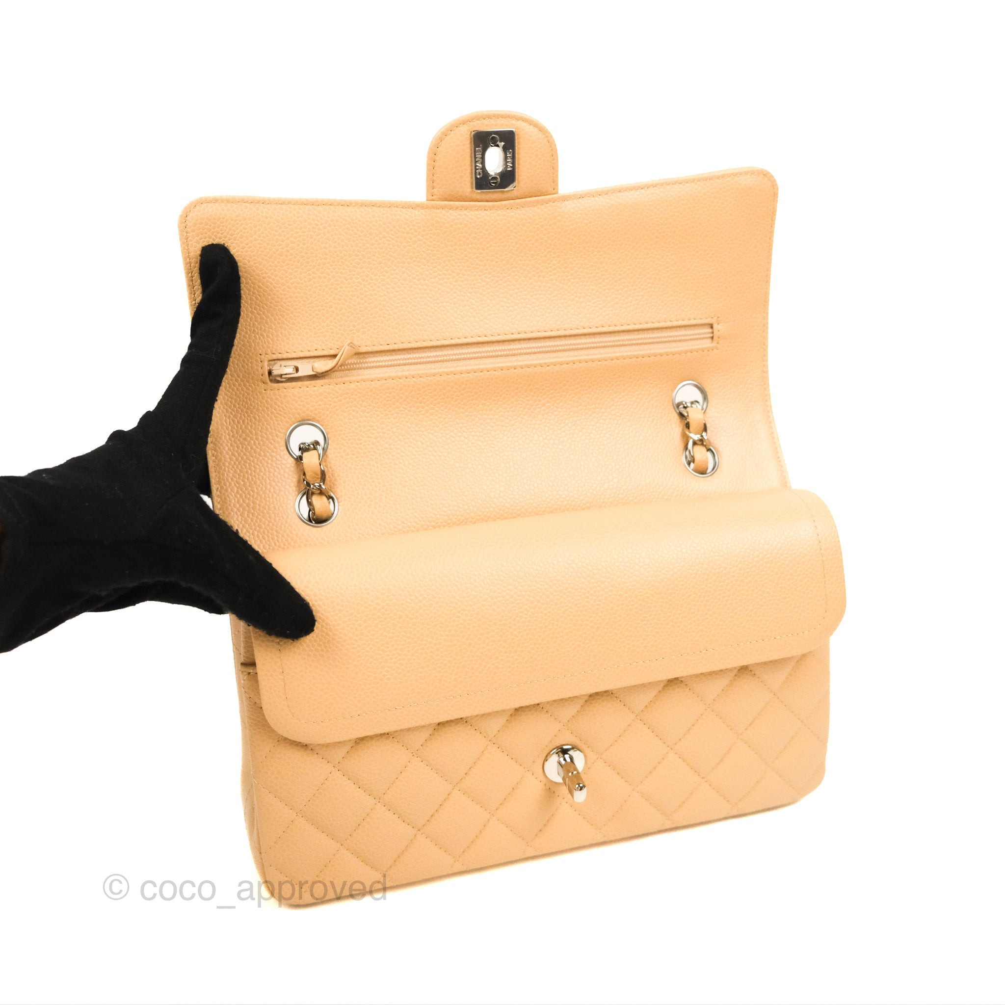 Chanel Classic Medium Double Flap Bag Quilted Beige Caviar Leather with Silver Hardware - Luxury Designer Handbag for Women, Perfect for Work, Evening & Special Occasions