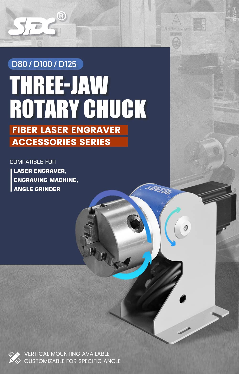 80mm (3.15in) Three-Jaw Rotary Chuck for Fiber Laser Marking & Engraving Machines - Swivel Head Attachment with Adjustable Angle - Perfect for Metal, Plastic & Wood Engraving in Jewelry, Signage & Industrial Applications