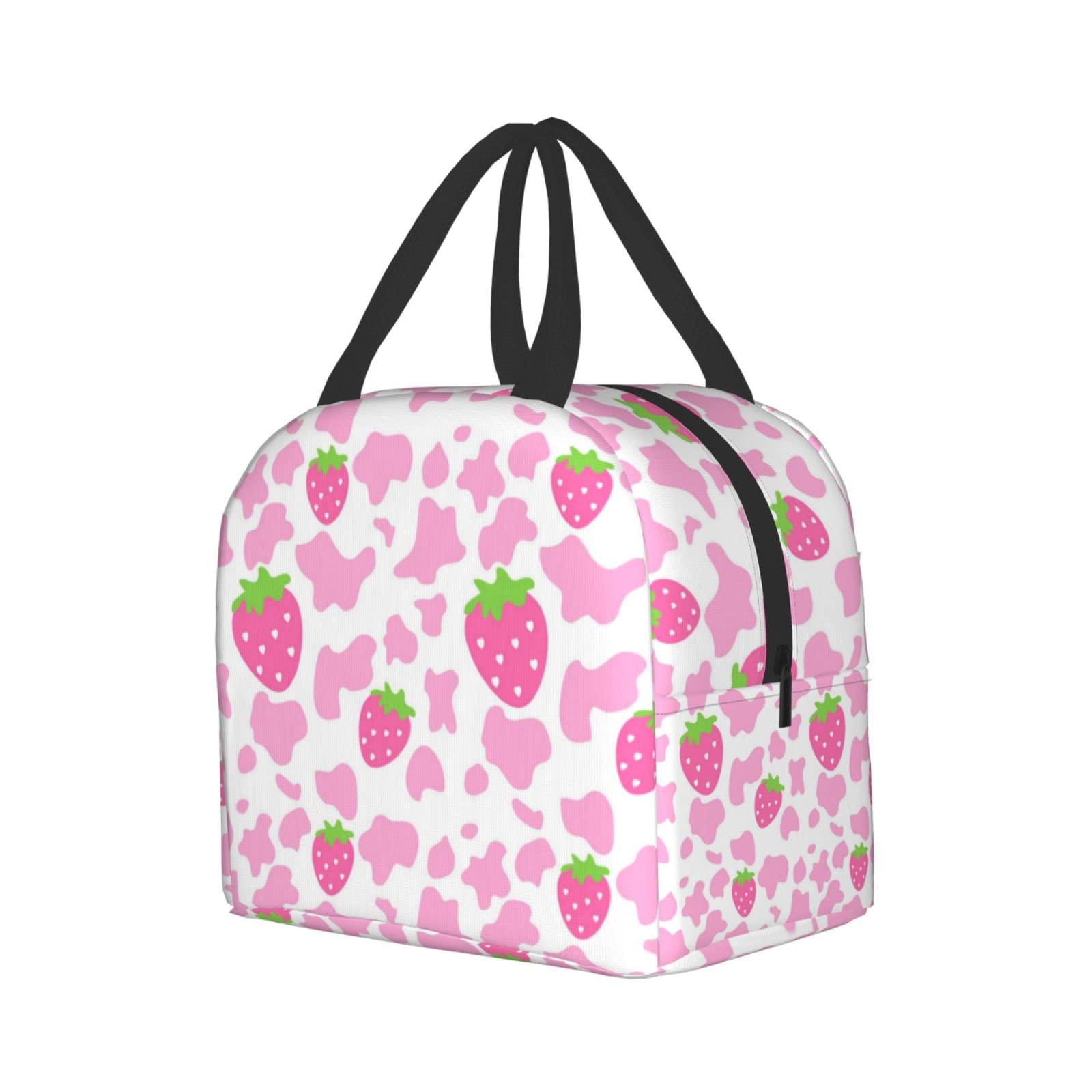 Strawberry Milk Print Insulated Lunch Box - Cute Kawaii Small Reusable Lunch Bag for Women & Men - Perfect for School, Work, Picnics & Outdoor Activities