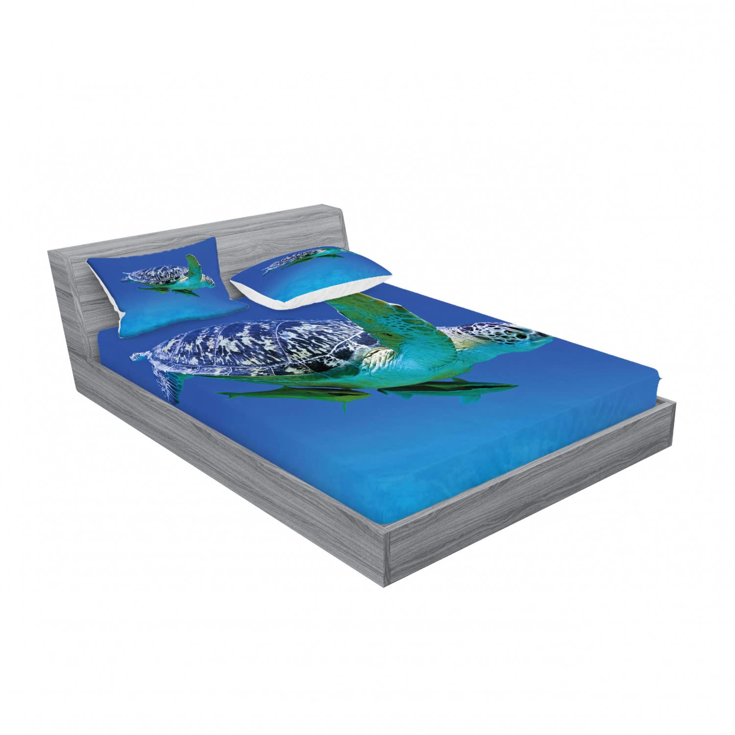 Ambesonne 2-Pack Queen Size Fitted Sheet & Pillow Sham Set - Tropical Turtle Aquarium Design, 4-Piece Bedding Set in Violet Blue & Fern Green | Perfect for Beach House, Guest Room & Coastal Themed Decor
