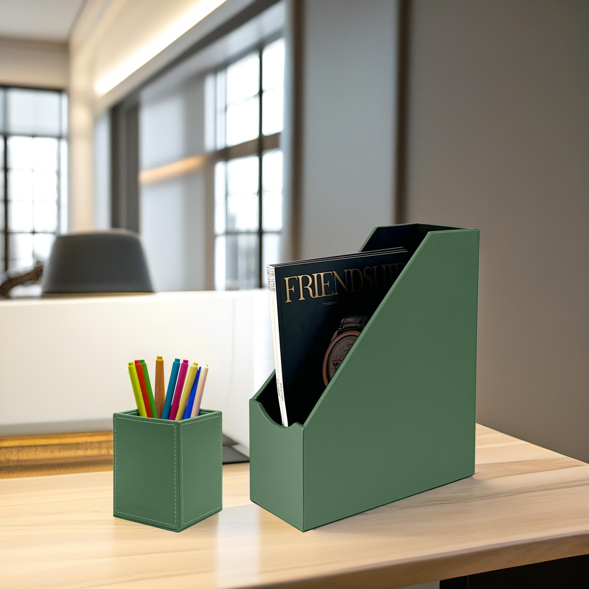 UnionBasic Magazine File Holder - Leatherette Desktop Document Organizer for Home & Office - Paper Storage Literature Sorter in Malachite Green - Perfect for Desk Organization, Office Supplies & File Management