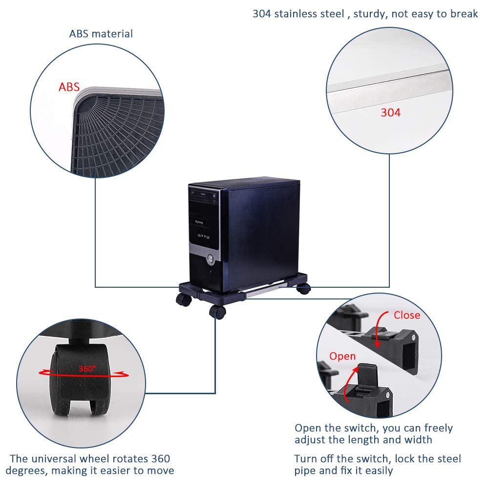 Adjustable Mobile CPU Stand with 4 Caster Wheels - Universal PC Case Holder for Desktop Computers (Black) | Perfect for Office, Gaming Setup & Home Workspace Organization