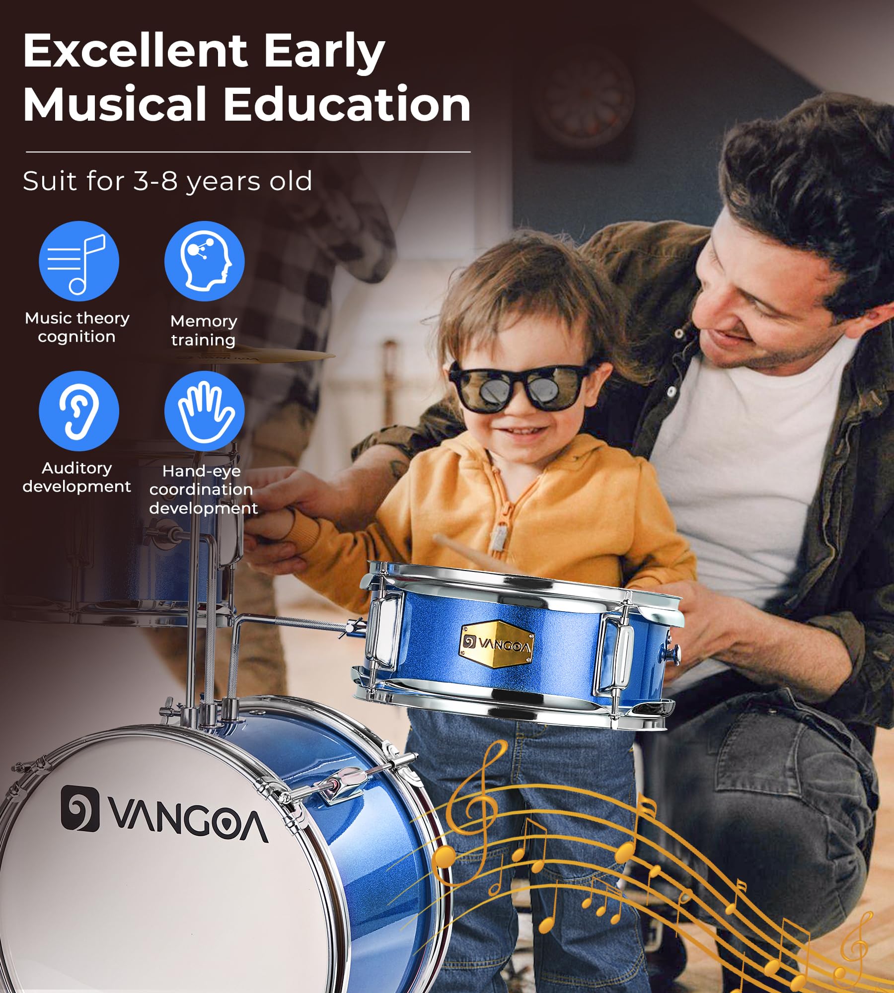 **14 Inch Kids Drum Set - 3 Piece Beginner Drum Kit for Boys & Girls with Adjustable Throne, Cymbal Pedal & Drumsticks (Blue) - Perfect for Home Play, Birthday Gifts & Music Learning**