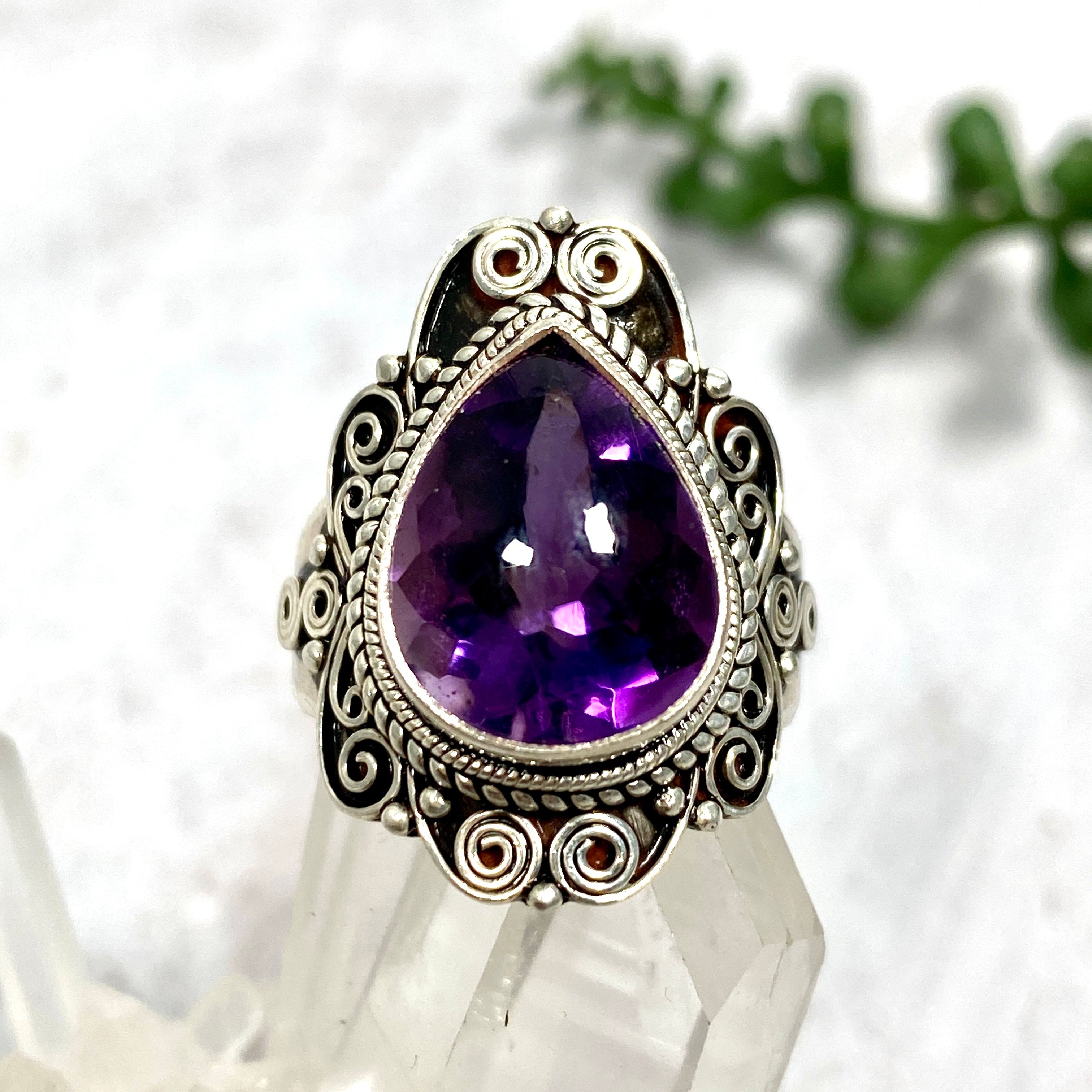 Boho Style Amethyst Teardrop Ring - Size 8 - KRGJ2773 | Elegant Purple Gemstone Jewelry for Women, Perfect for Weddings, Parties & Everyday Wear