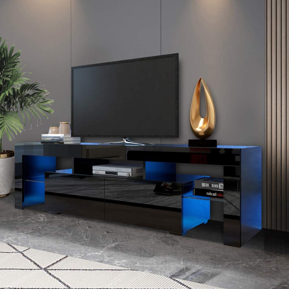 63 Inch High Glossy Modern TV Stand with LED Lights - 16 Color Changing TV Cabinet with 2 Storage Drawers - Entertainment Center for 70 Inch TVs - Black Living Room Furniture for Home Theater & Gaming Setup