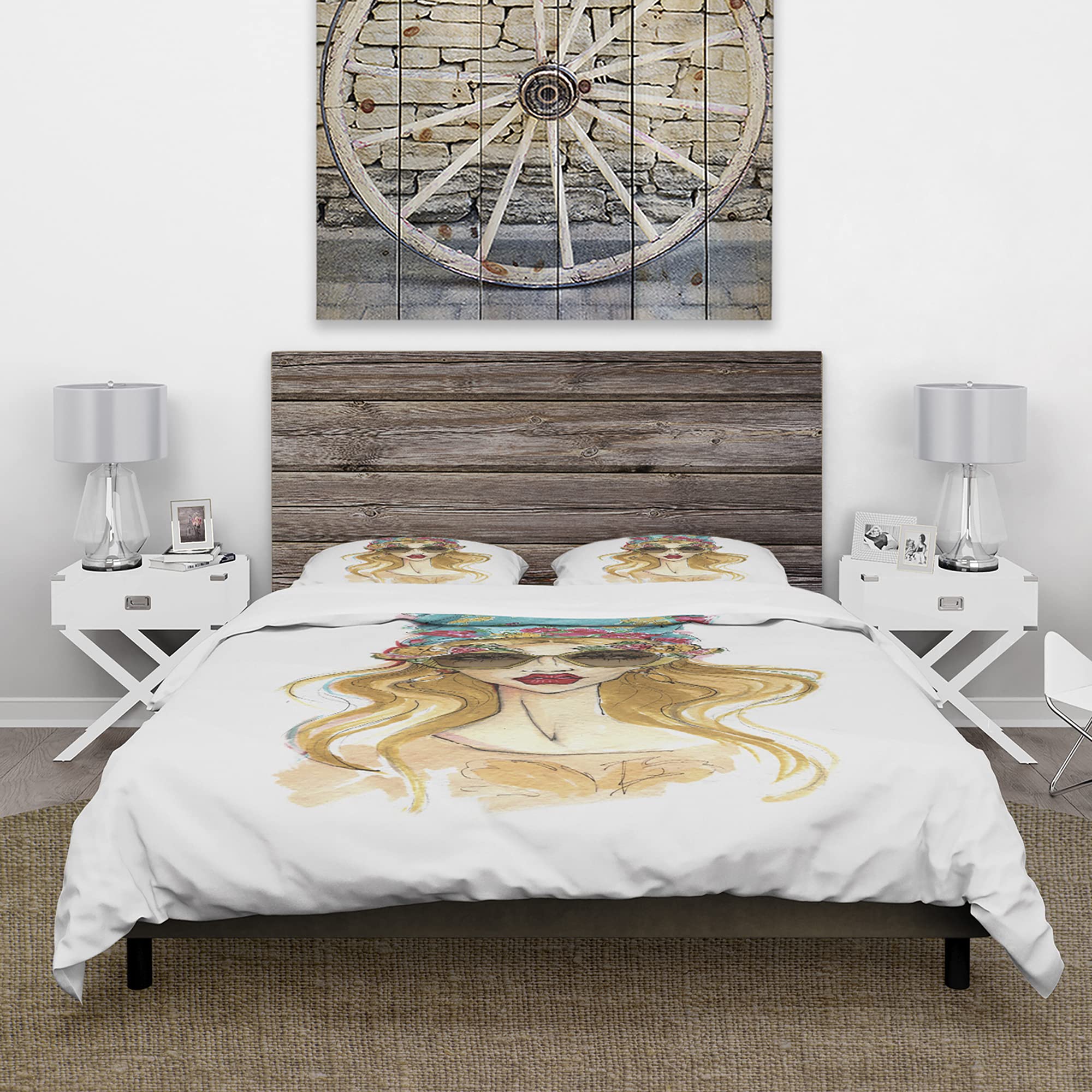 Trendy Sunglasses Girl Print White Duvet Cover Set Queen - 3 Piece Modern Contemporary Bedding Set for Girls & Teens - All Season Soft & Romantic Bedroom Decor for Dorms, Apartments, or Home