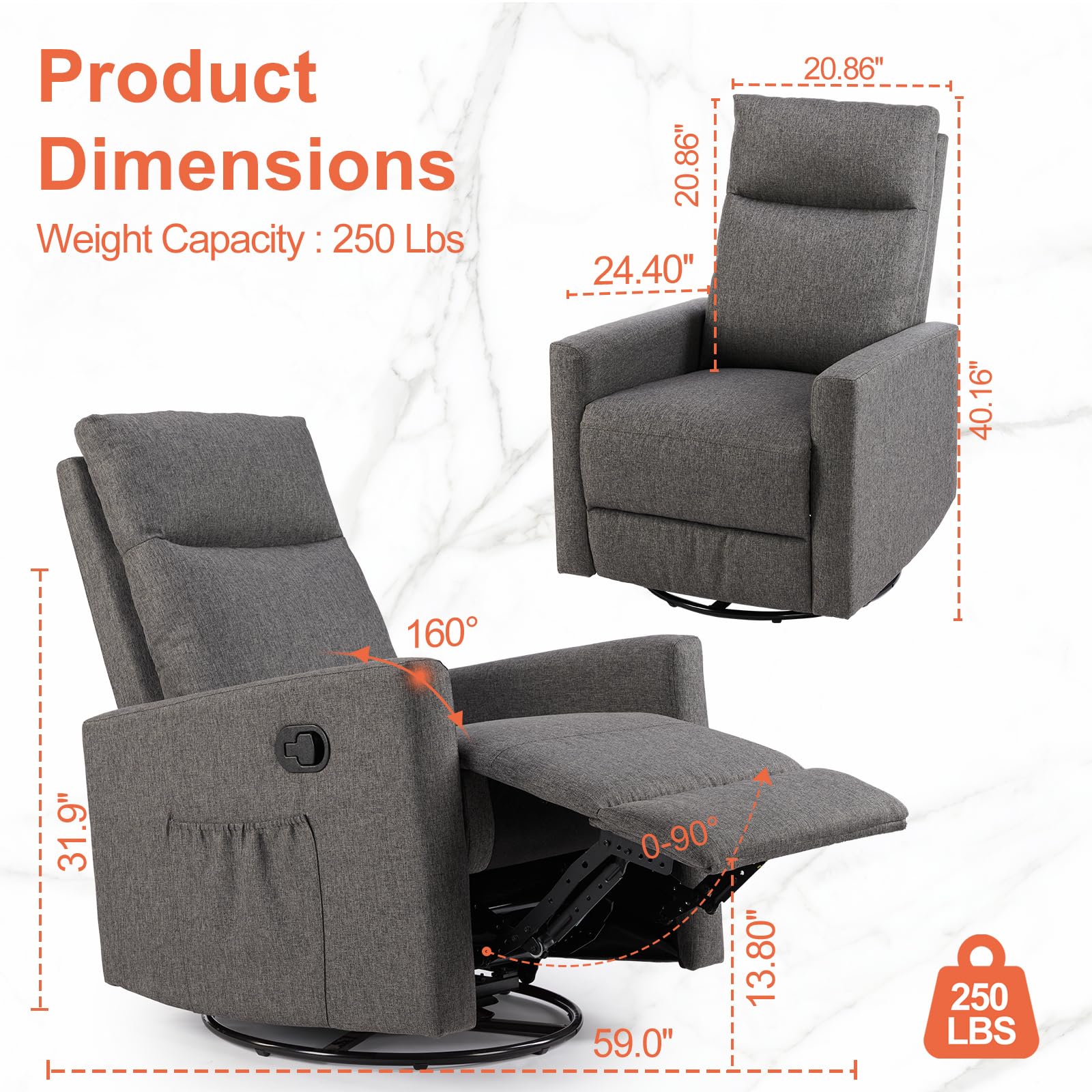 Sweetcrispy 360 Swivel Recliner Chair for Adults - High Back Upholstered Rocking Glider with Deep Seat - Grey Living Room Recliner & Nursery Chair for Relaxing, Nursing & Reading