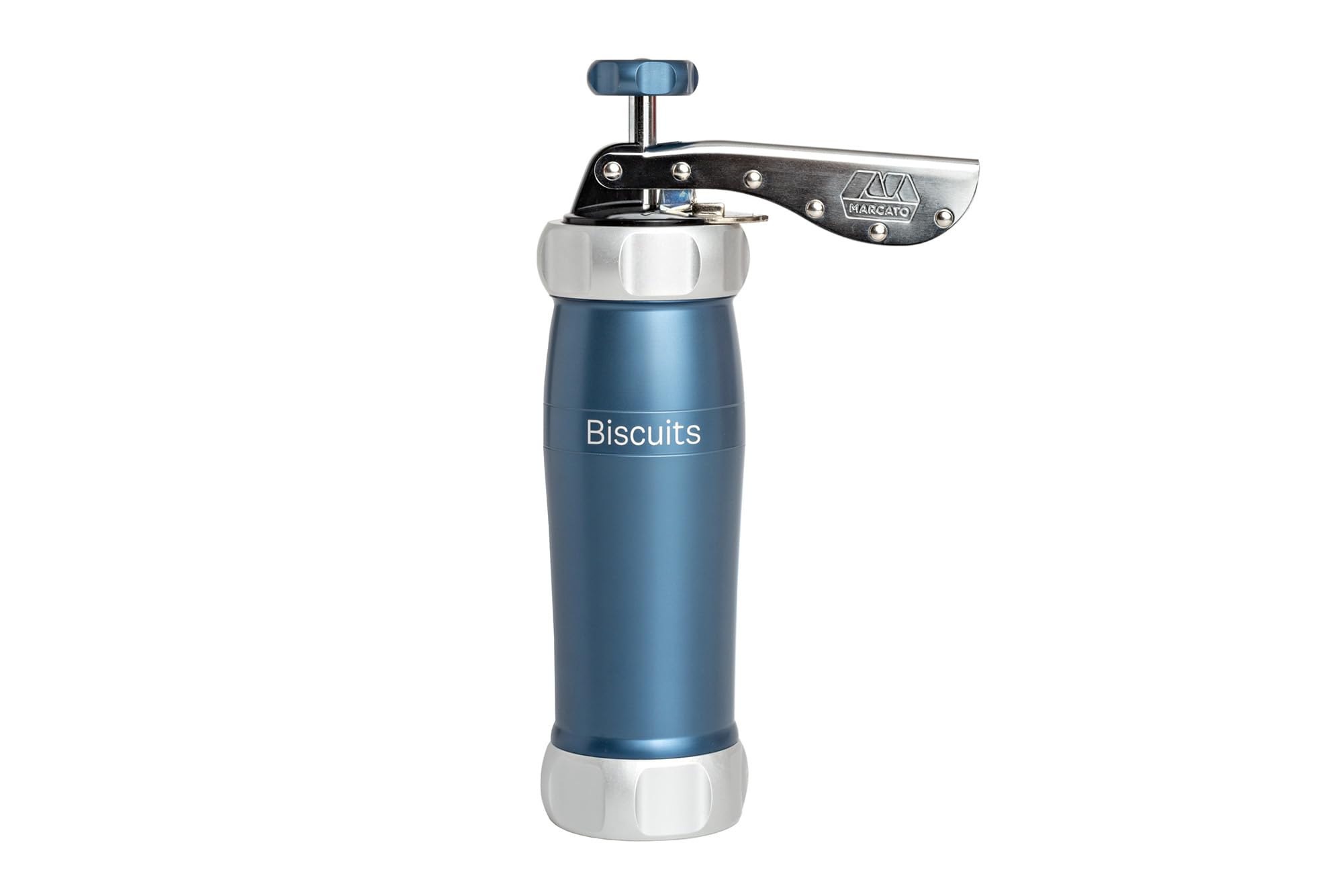 Marcato Biscuits Powder Blue Biscuit Maker - Anodized Aluminum Cookie Press with Multiple Shape Discs (25 x 10 x 5 cm) - Easy to Use for Holiday Baking, Tea Parties & Homemade Cookies