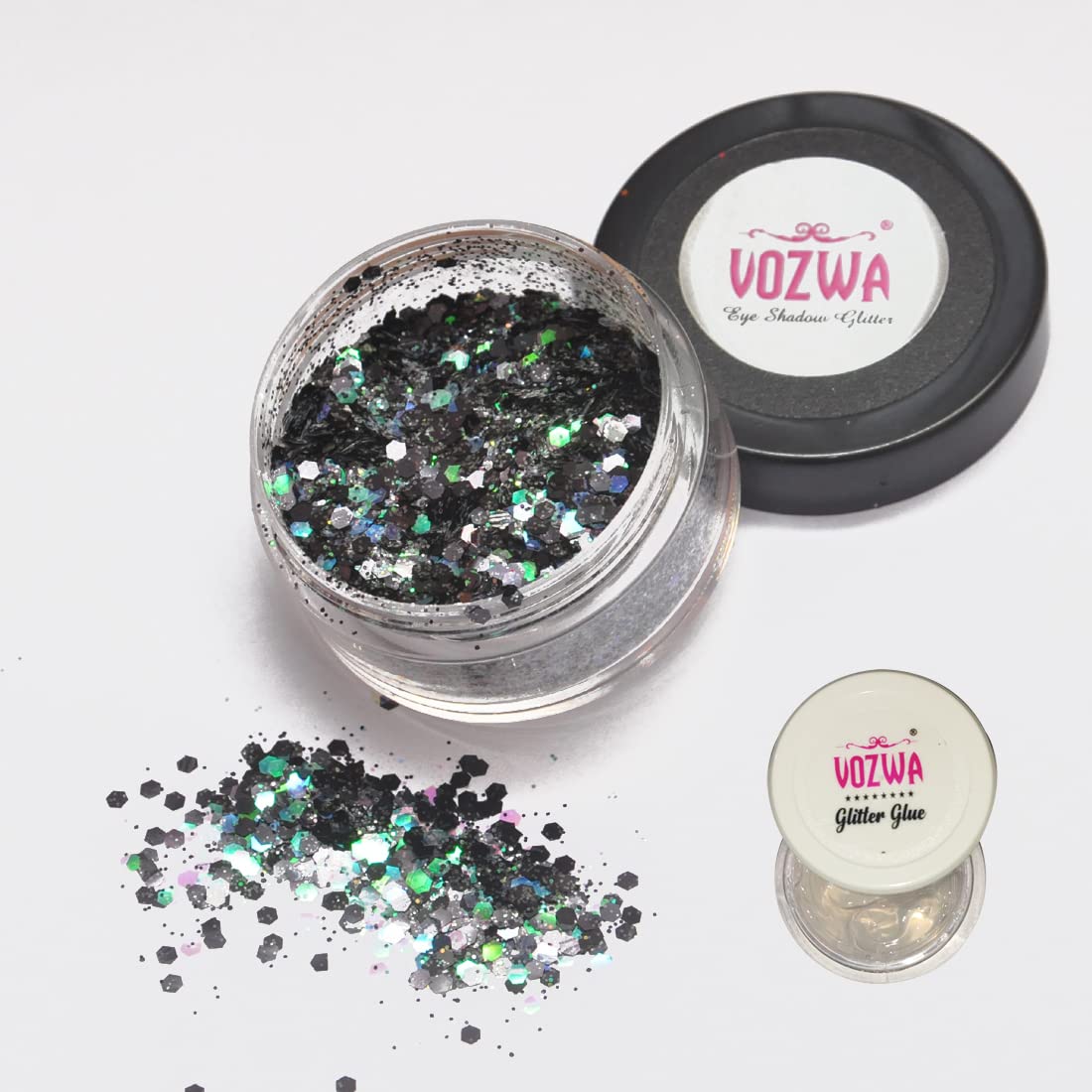 Vozwa Black Mix Eyeshadow - Thick & Thin Chunky Glitter for Eye Makeup ✮ Includes Glitter Glue | Perfect for Party, Festival & Night Out Looks