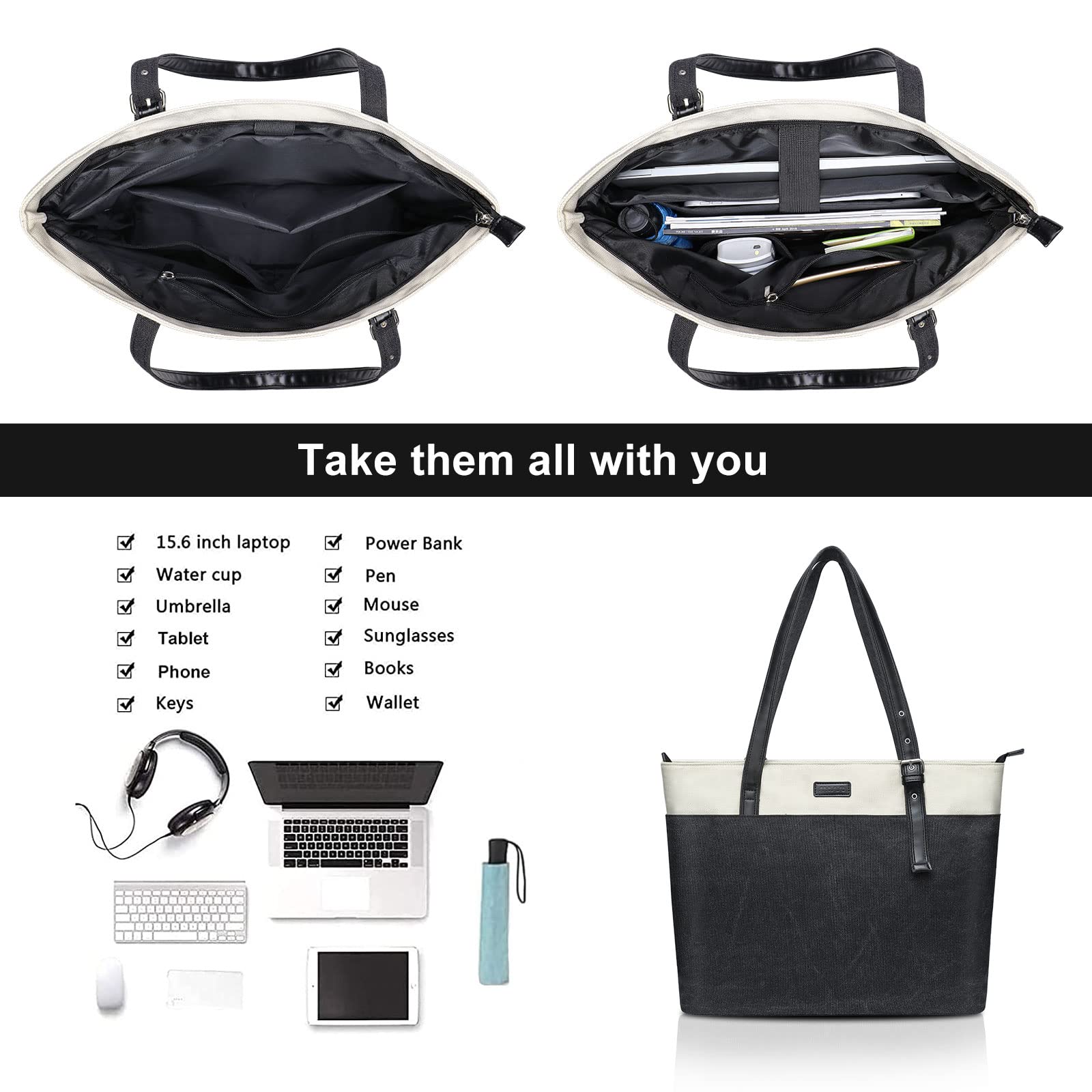 MOSISO 15.6 Inch Laptop Tote Bag for Women & Men - Lightweight Splice Canvas Business Office Bag with 2 Hidden Pockets - Perfect for Work, Travel & Daily Commute - Black