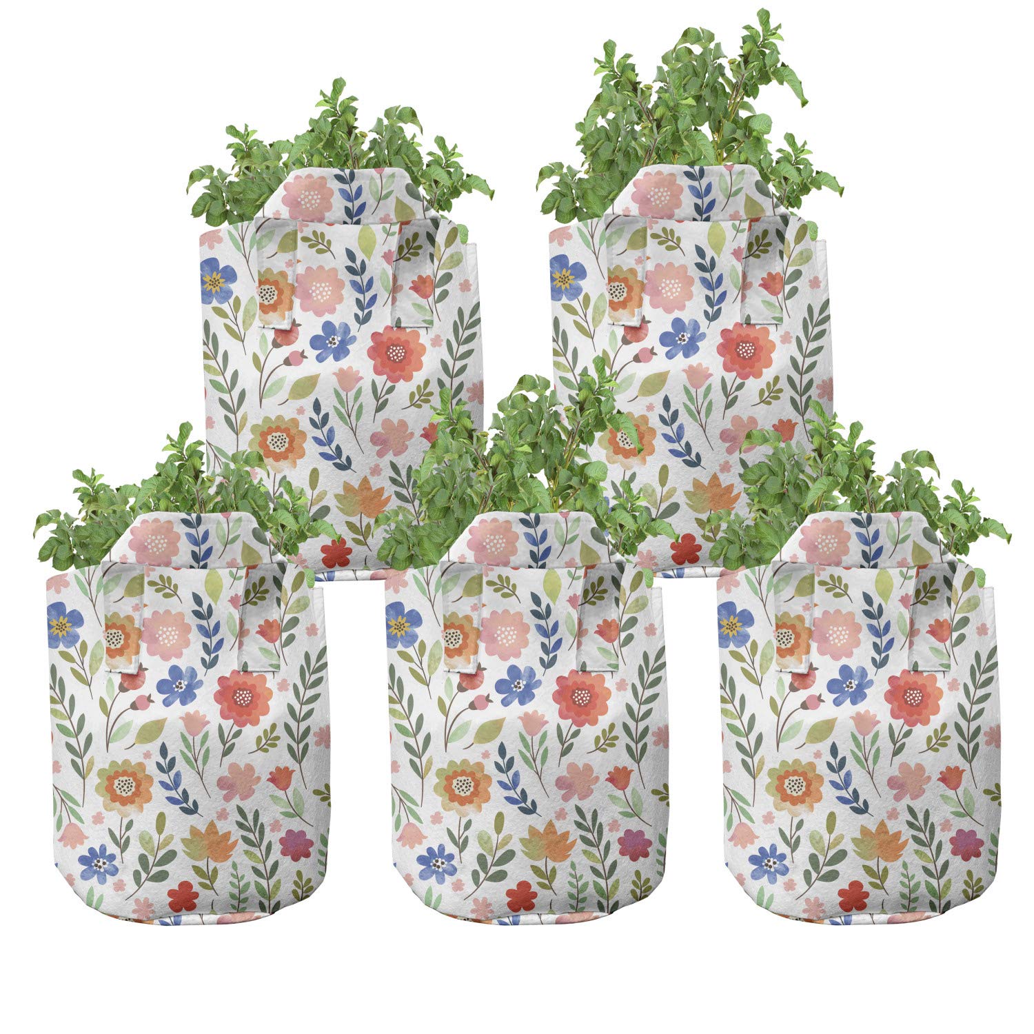 Ambesonne 5-Pack Heavy Duty 7 Gallon Fabric Grow Bags with Handles - Soft Colored Shabby Floral Design Plant Pots for Indoor/Outdoor Gardening, Vegetables, Flowers & Herbs