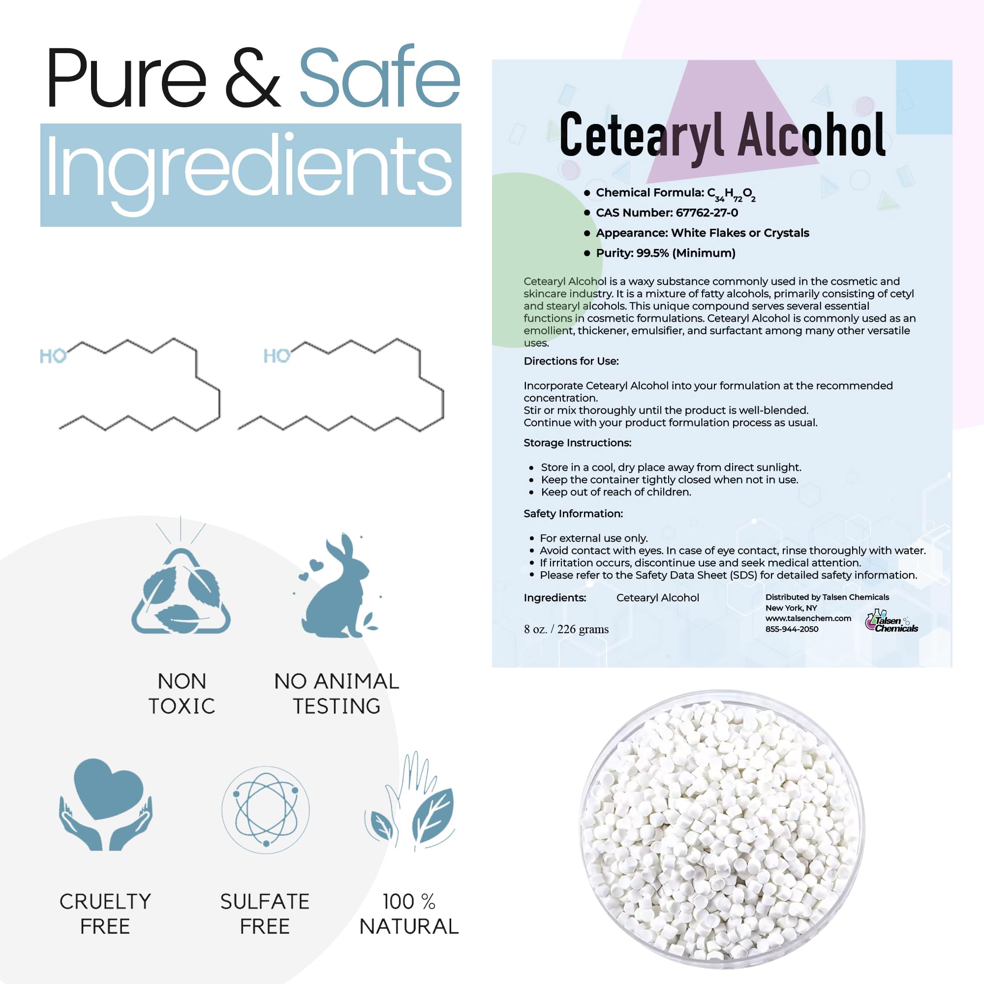Premium Cetearyl Alcohol 16 Oz (453.6g) - Organic Emulsifying Wax for DIY Cosmetics, Body Butter, Conditioners, Scrubs & Creams | Talsen Chemicals | Perfect for Homemade Skincare & Haircare Products