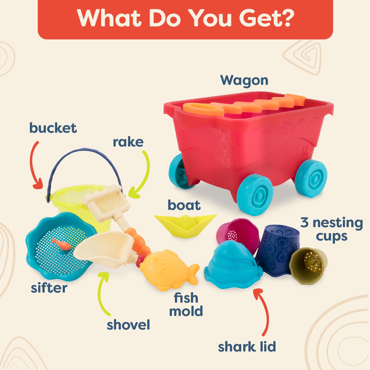 B. Toys Wavy-Wagon - 10-Piece Beach Sand Play Set for Toddlers & Kids Ages 18+ Months - Summer Outdoor Sandbox & Water Play Toys - Perfect for Beach Trips, Backyard Fun & Sensory Play (Red)