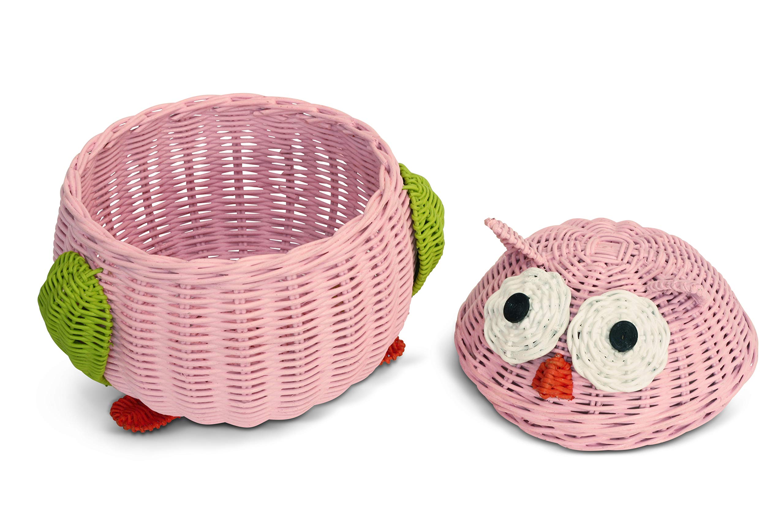 Owl Rattan Storage Basket with Lid - Hand Woven Decorative Bin for Home & Nursery Organization - Large Pink Wicker Hoot Owl Basket for Shelves, Baby Room Decor, and Gift Giving