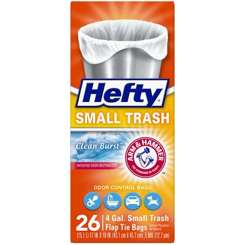 Hefty Small 4 Gallon Flap Tie Garbage Bags - 26 Count, Clean Burst Scent | Perfect for Office, Bathroom & Small Trash Cans