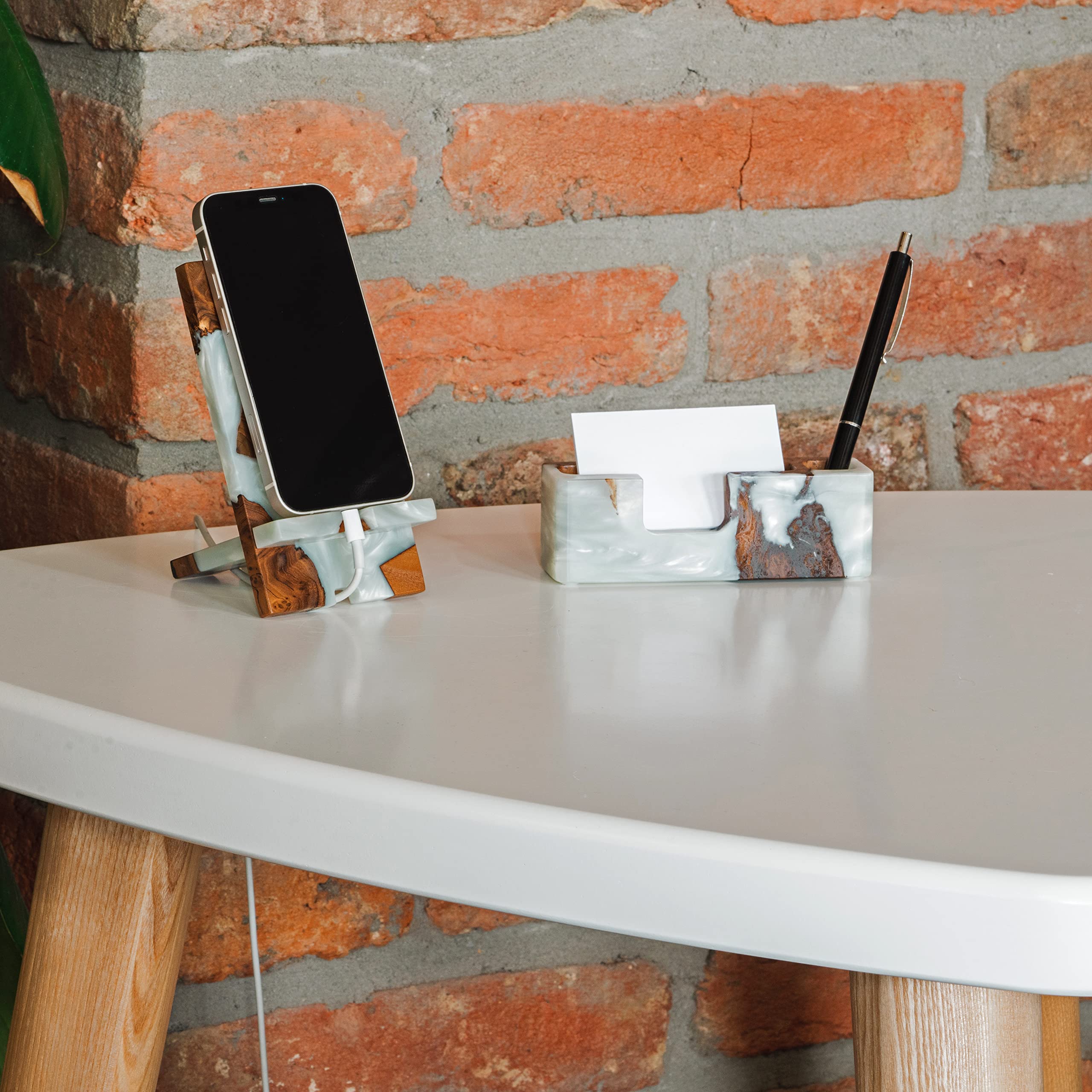 Premium Resin & Wood Office Desk Organizer Set - Unique Teacher Appreciation Gift, Graduation Gift, Administrative Professional Day Present (Platinum Set with Phone Stand & Pen/Note Holder) - Perfect for Home Office, Classroom, and Corporate Workspaces