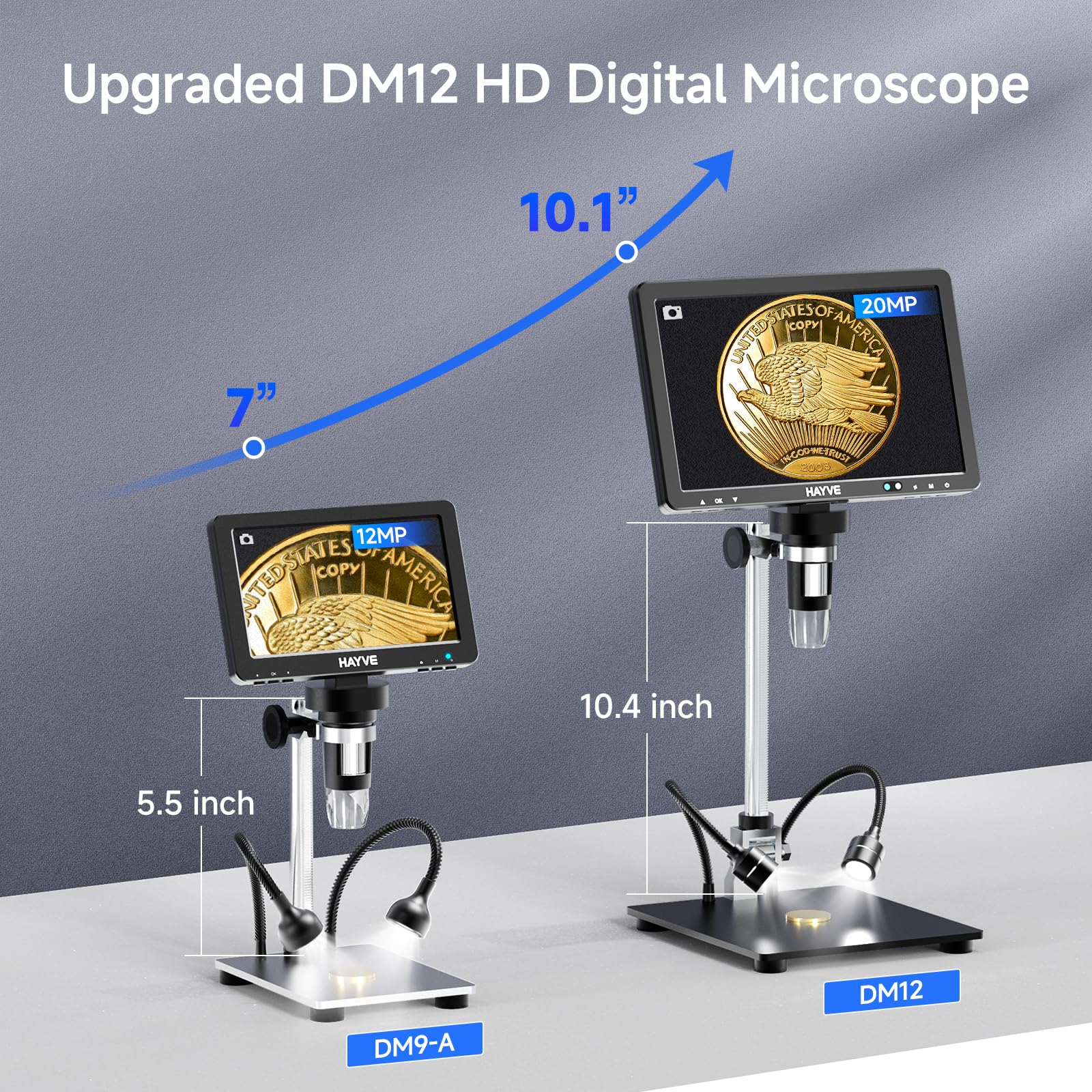 Hayve DM12 10.1 Inch HDMI Digital Microscope with 2000X Magnification - IPS Screen Coin Microscope, 20MP Soldering Microscope for Electronics Repair, Includes 10.4 Inch Adjustable Stand & 32GB Card - Compatible with PC/TV - Perfect for Coin Collecting, PCB Inspection, Jewelry Appraisal & Science Education