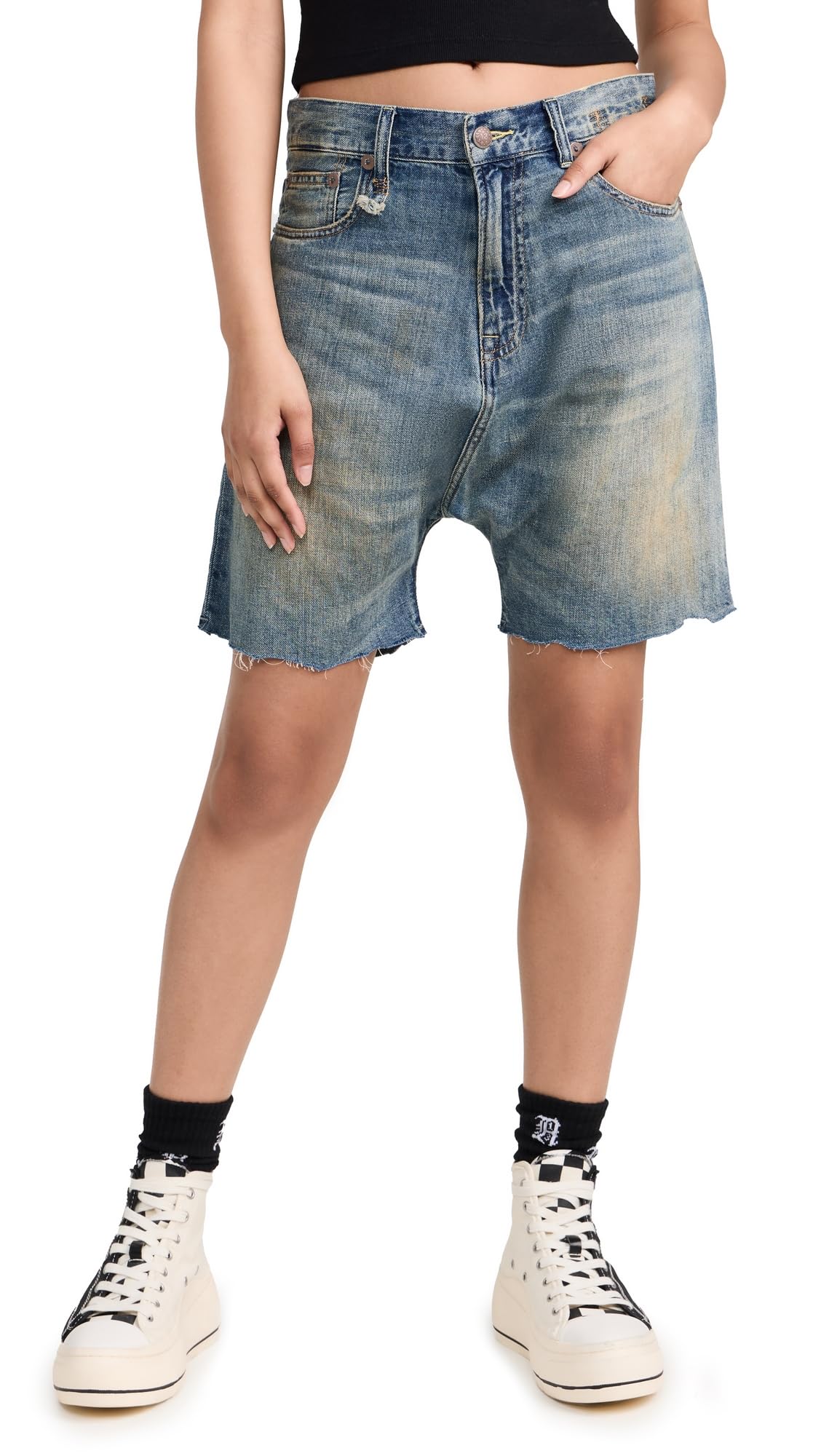 R13 Women's Marky Drop Shorts - High Waisted Denim Shorts for Women | Trendy Distressed Vintage Style | Perfect for Summer, Beach, and Casual Outings