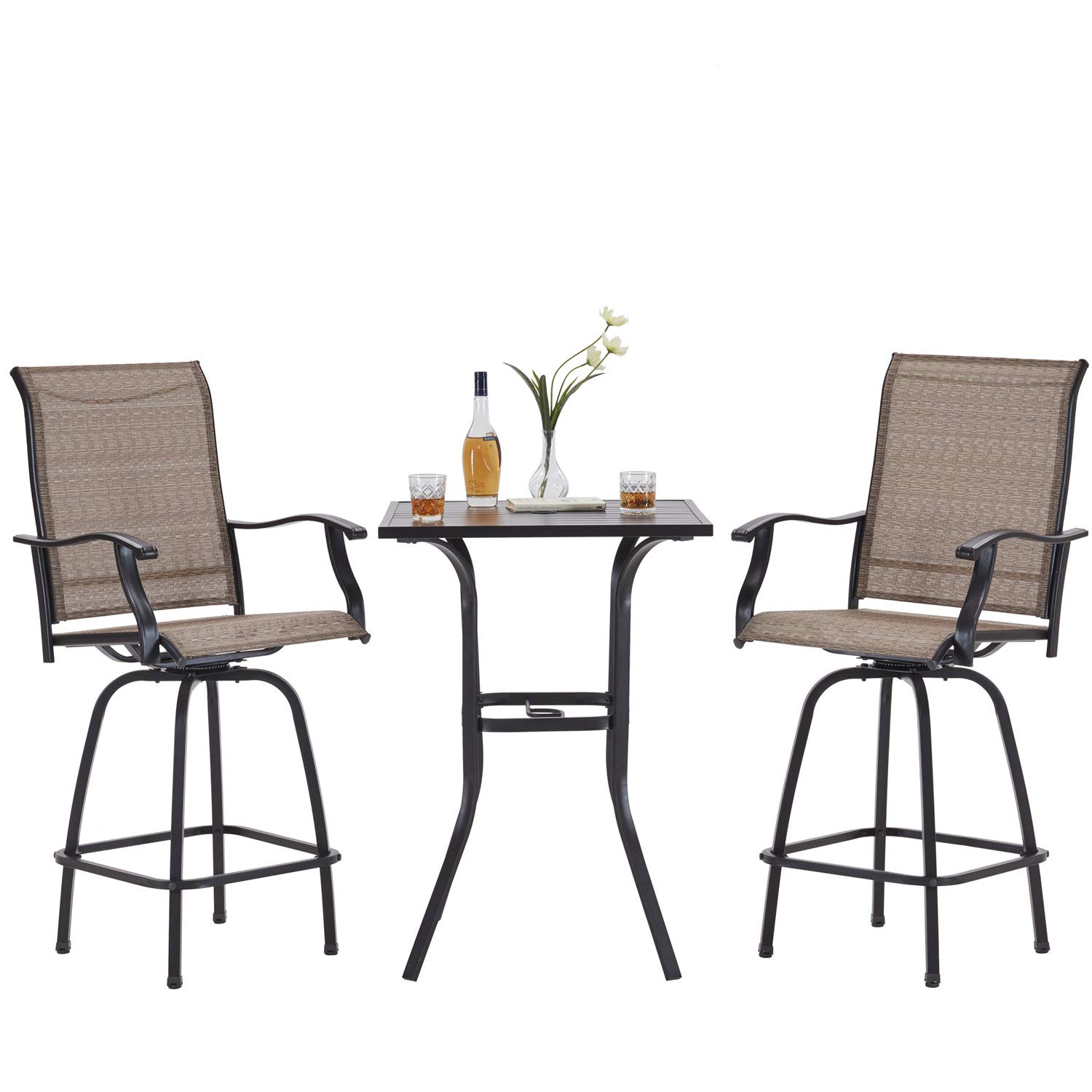 VICLLAX 3-Piece Outdoor Patio Swivel Bar Set - Metal Bistro Table and Chairs with Black Frame - Perfect for Backyard, Garden, and Poolside Relaxation